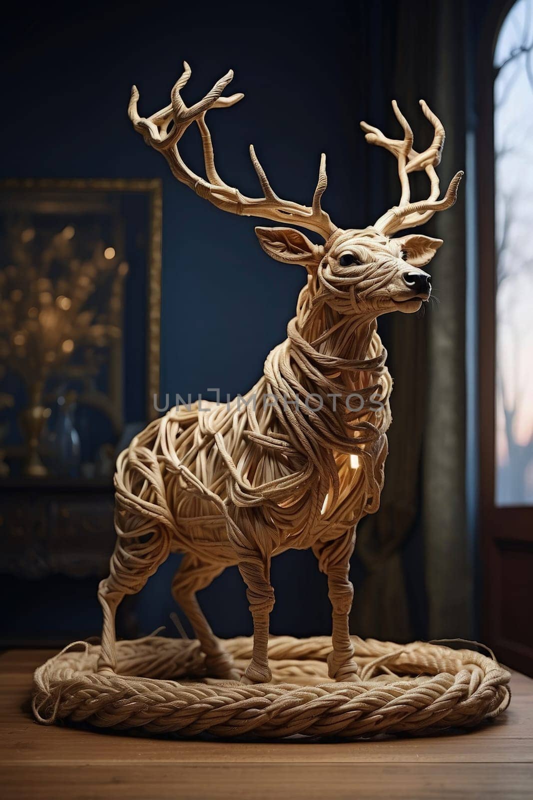 Decorative wooden deer with ropes on the background of the interior of the room by Waseem-Creations