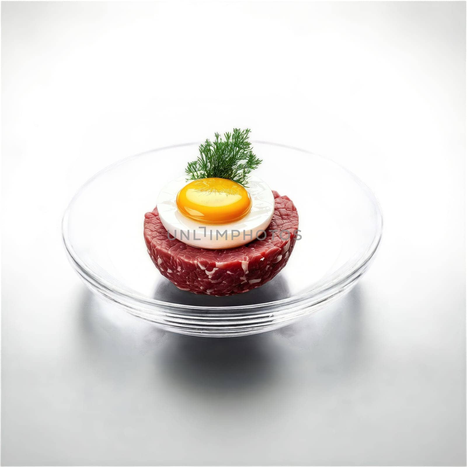 Steak tartare quail egg hand chopped raw beef mound golden yolk nestled in glass bowl by panophotograph
