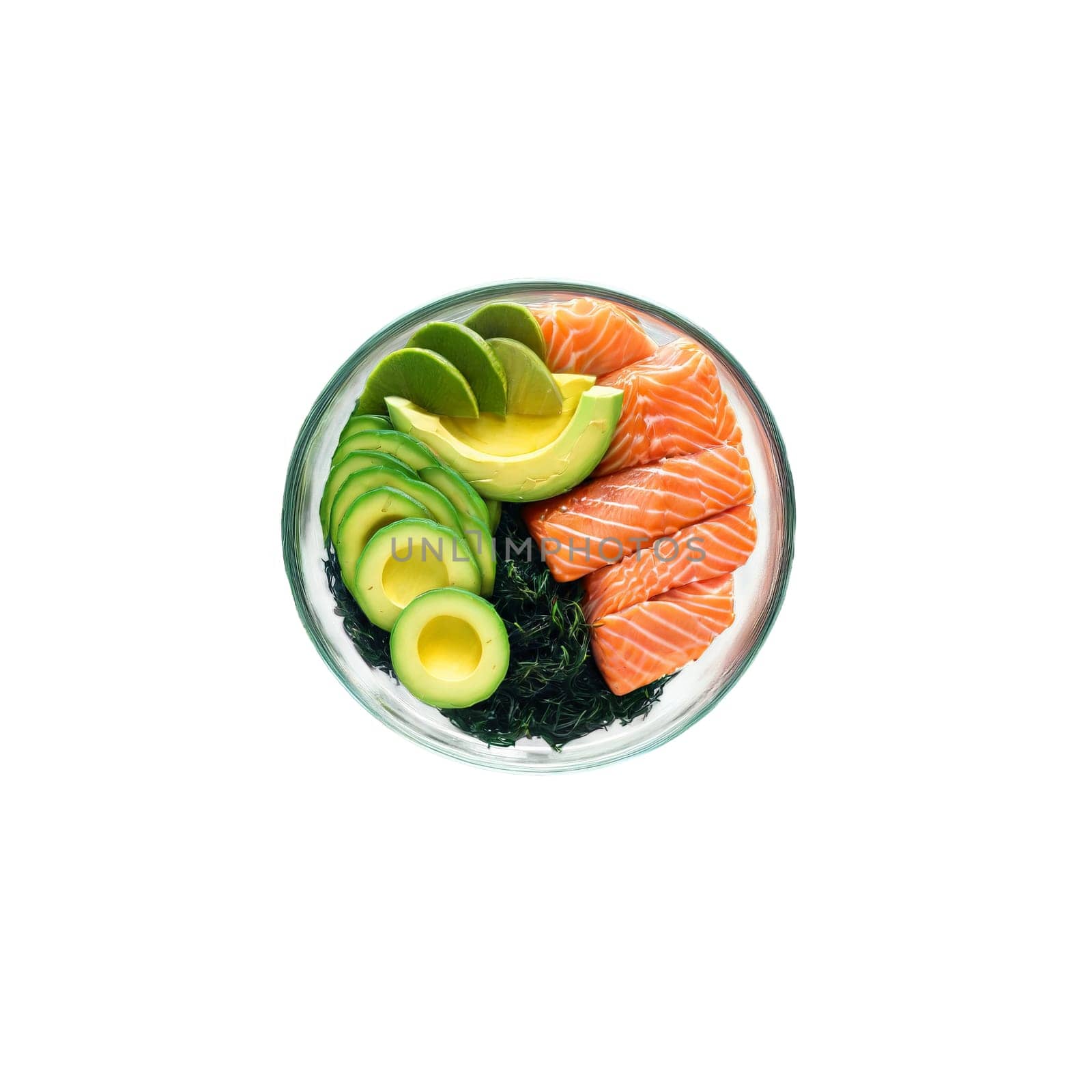 Colorful poke bowl with marinated salmon avocado cucumber seaweed and sesame seeds in a transparent by panophotograph