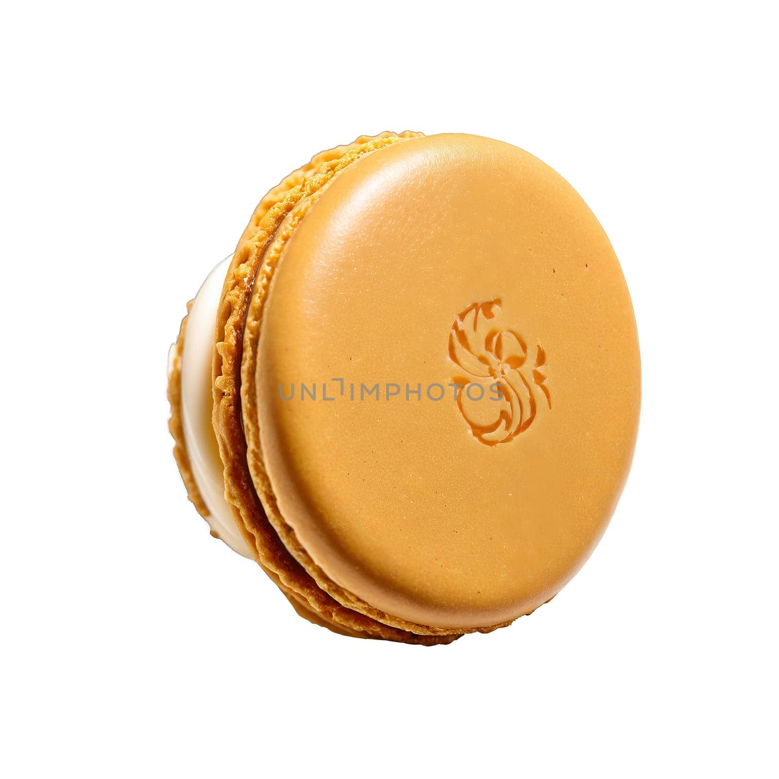 Pumpkin spice latte macaron with smooth shell pumpkin spice filling latte art decoration round shape by panophotograph