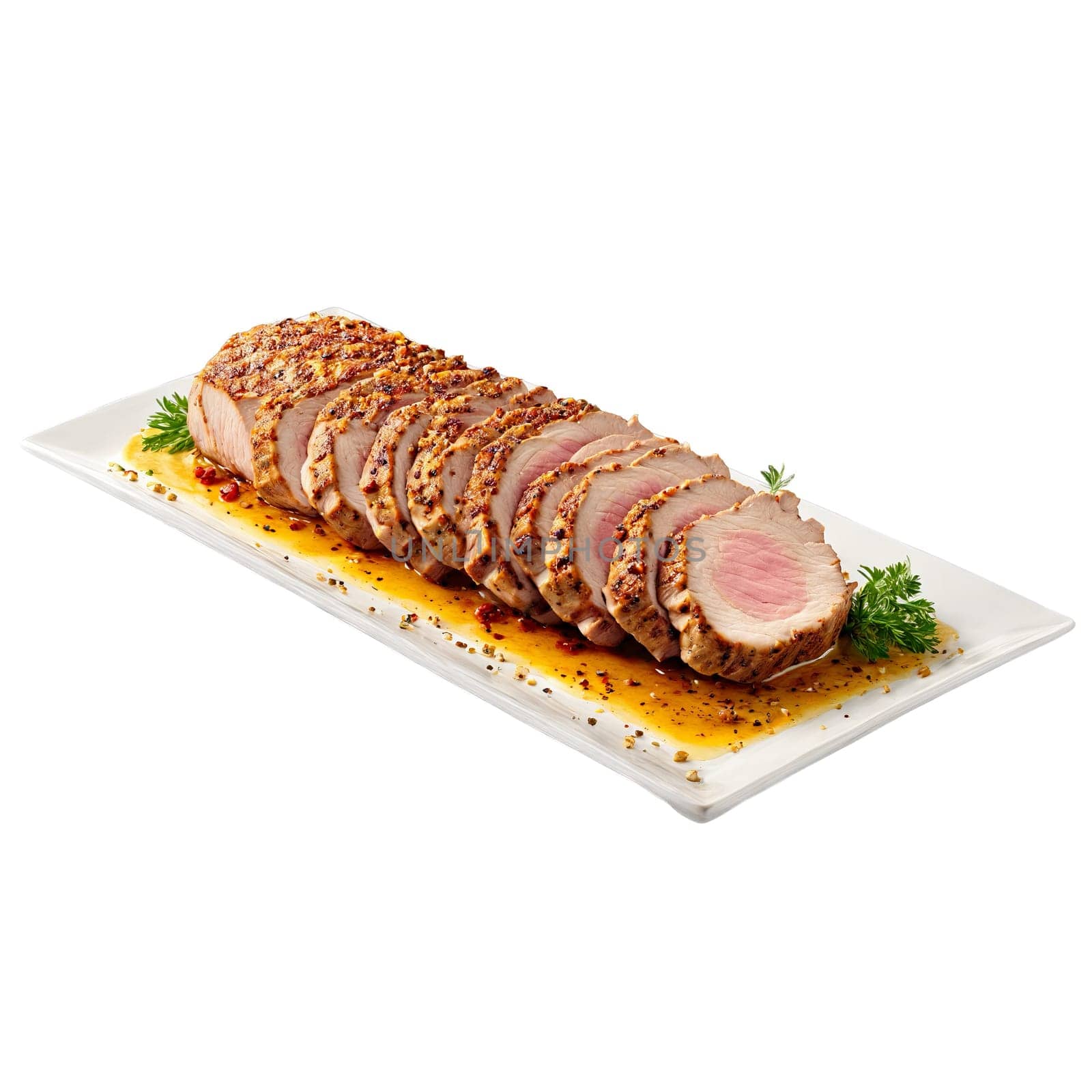 Pork tenderloin with golden sear sliced floating and steaming Food and culinary concept by panophotograph
