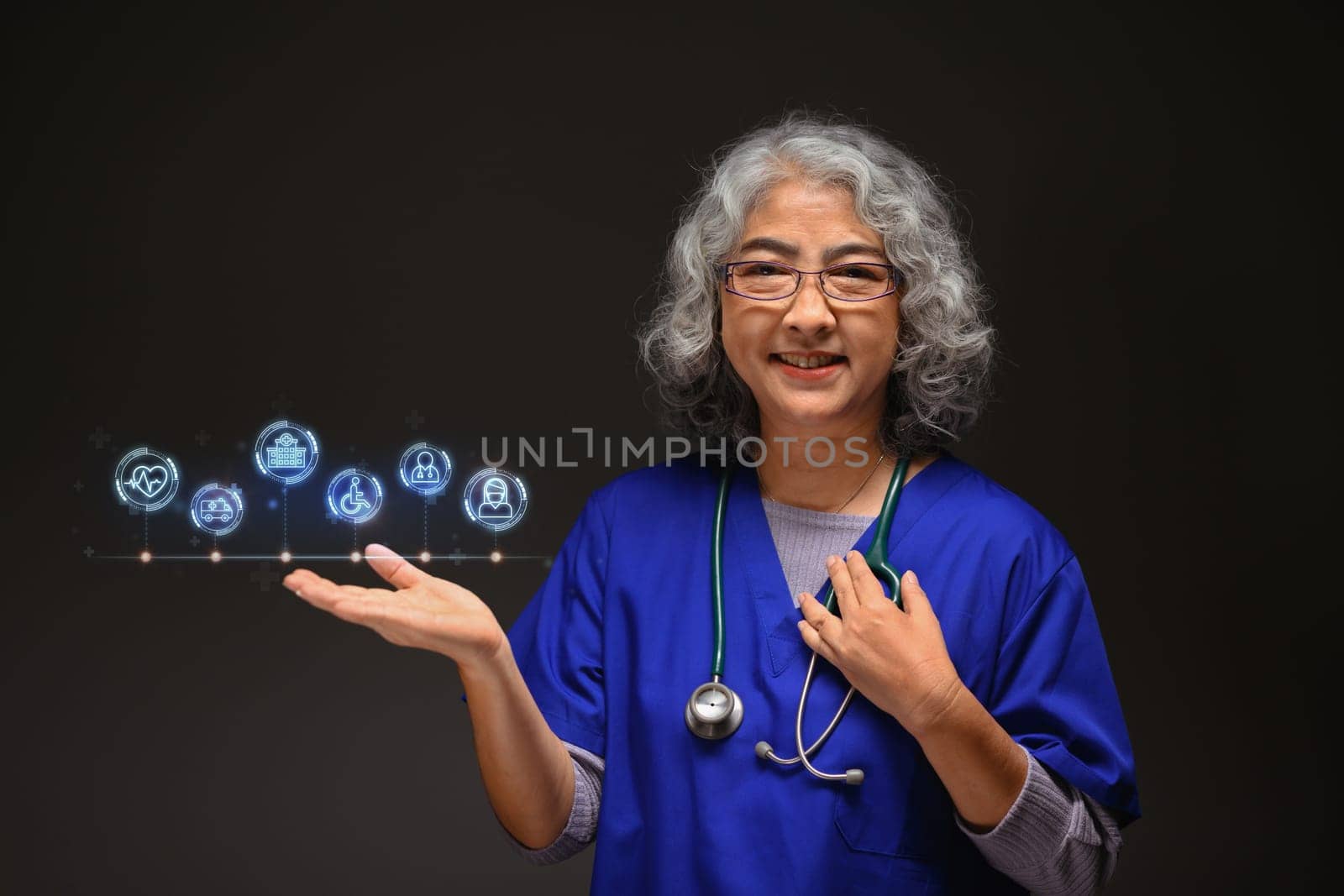 Professional physician reaching hand beside out with icons of health care services by prathanchorruangsak
