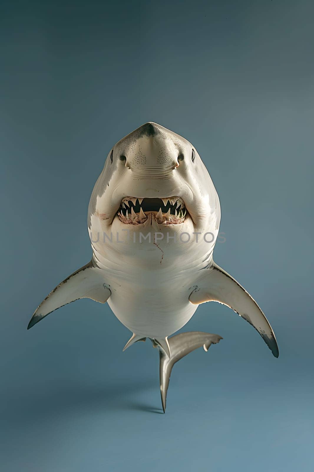 A Requiem shark from the Carcharhiniformes order, with its jaw open, is smiling at the camera under the water, showing its Lamniformes features like the fin