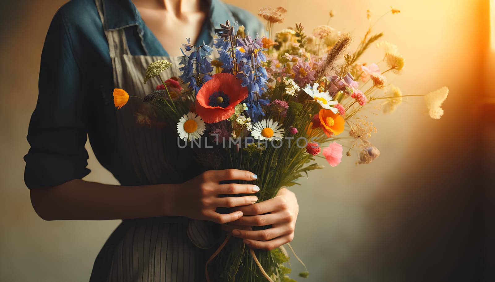 Woman with a bouquet of wild flowers in her hands, close-up.