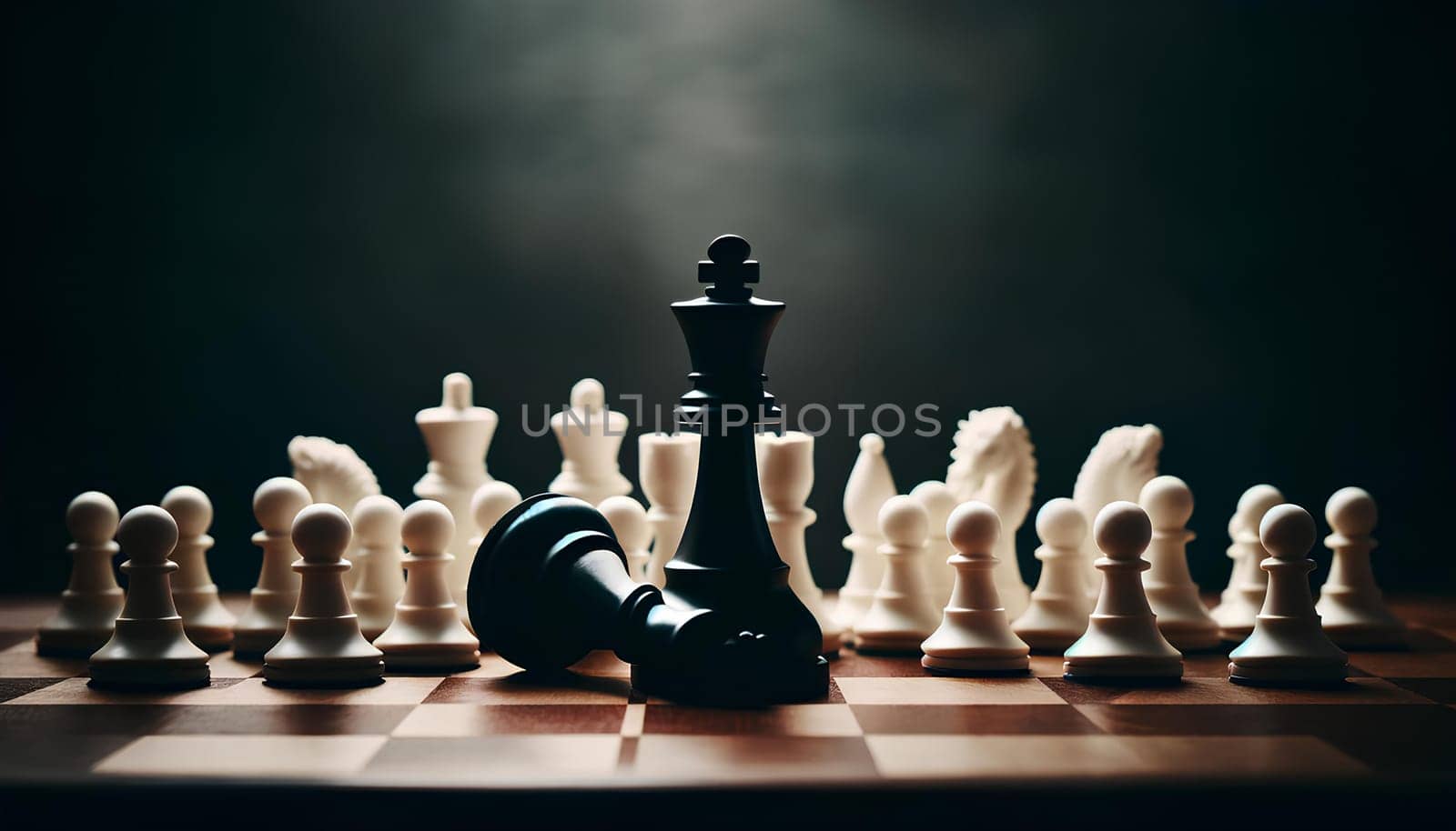 fallen black king chess piece surrounded by standing white pawns on the chessboard, dramatic moment, defeat concept.