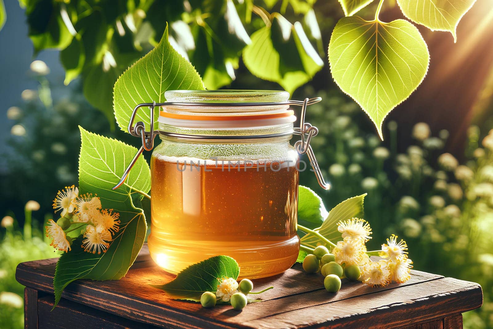 A glass jar of linden honey on a wooden table under a blooming linden tree in the garden on sunny day