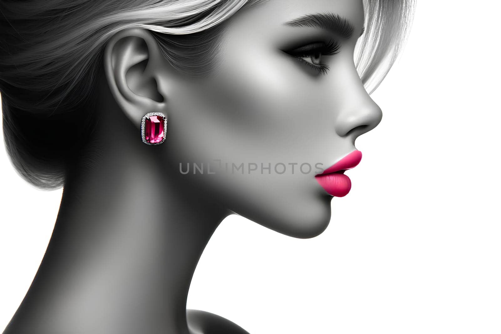black and white profile of a blonde, lips and bright pink earring by Annado