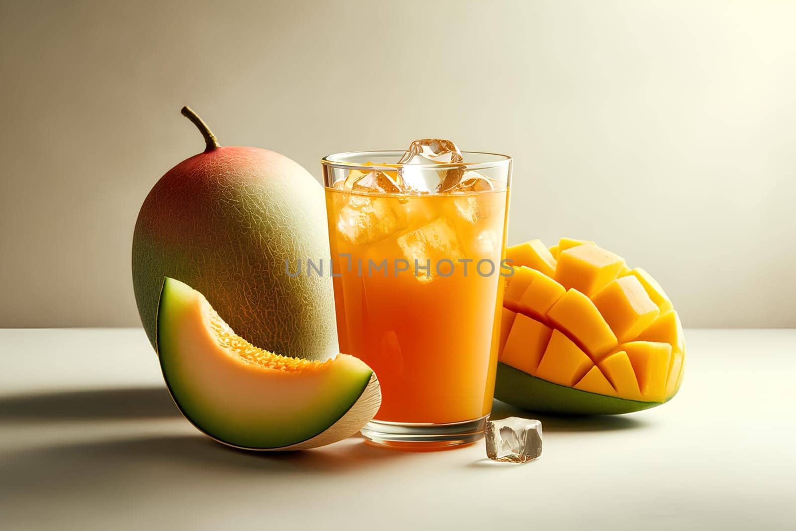 fresh mango in a glass with ice and fresh mango on a background by Annado