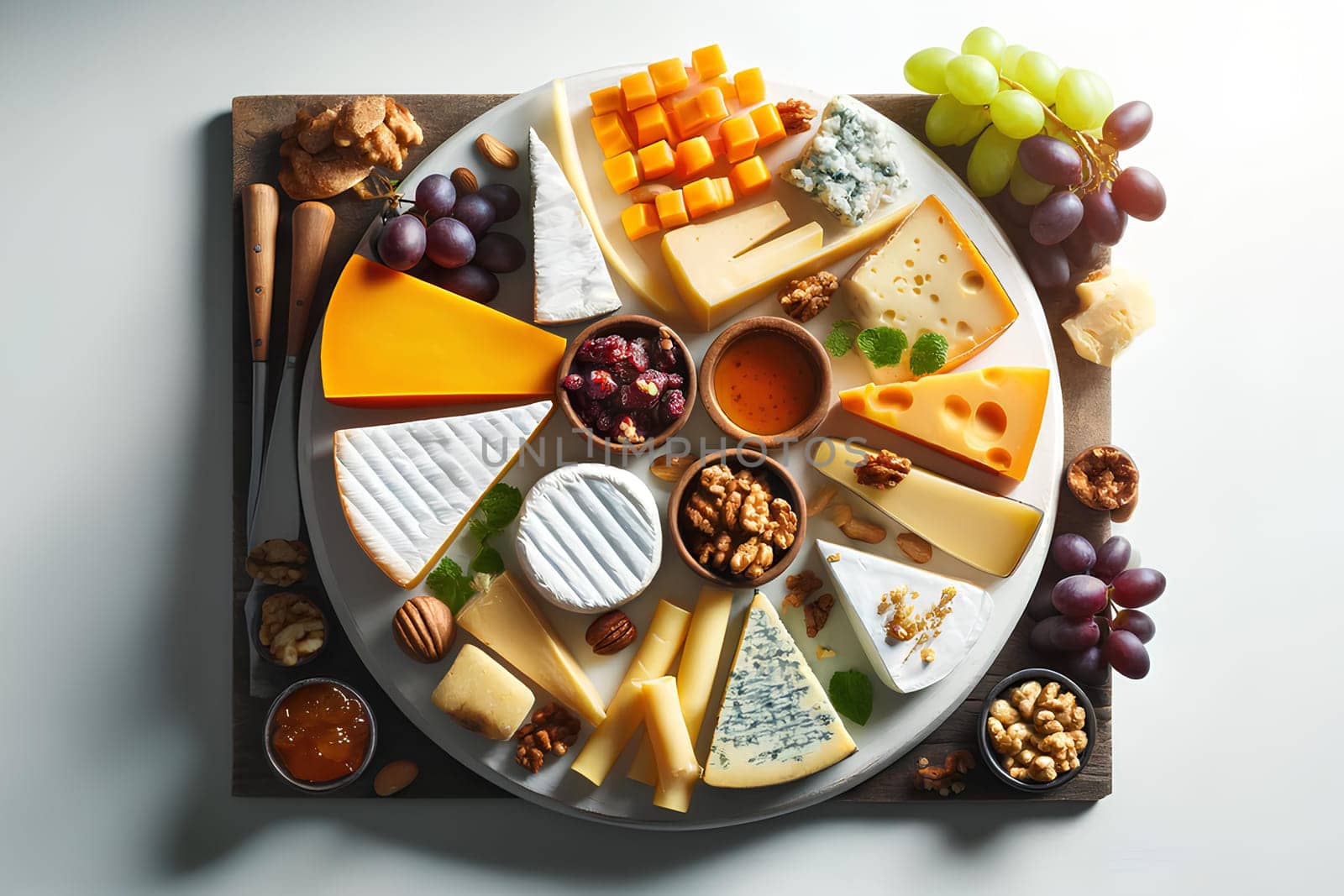 round cheese plate, nuts and fresh grapes on white background, flat lay.