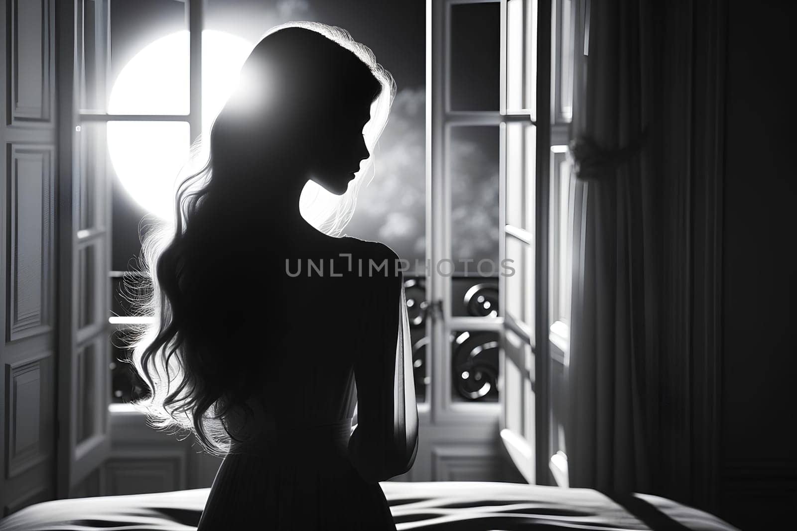 Silhouette of a slender girl with long hair near the window against the backdrop of the full moon.