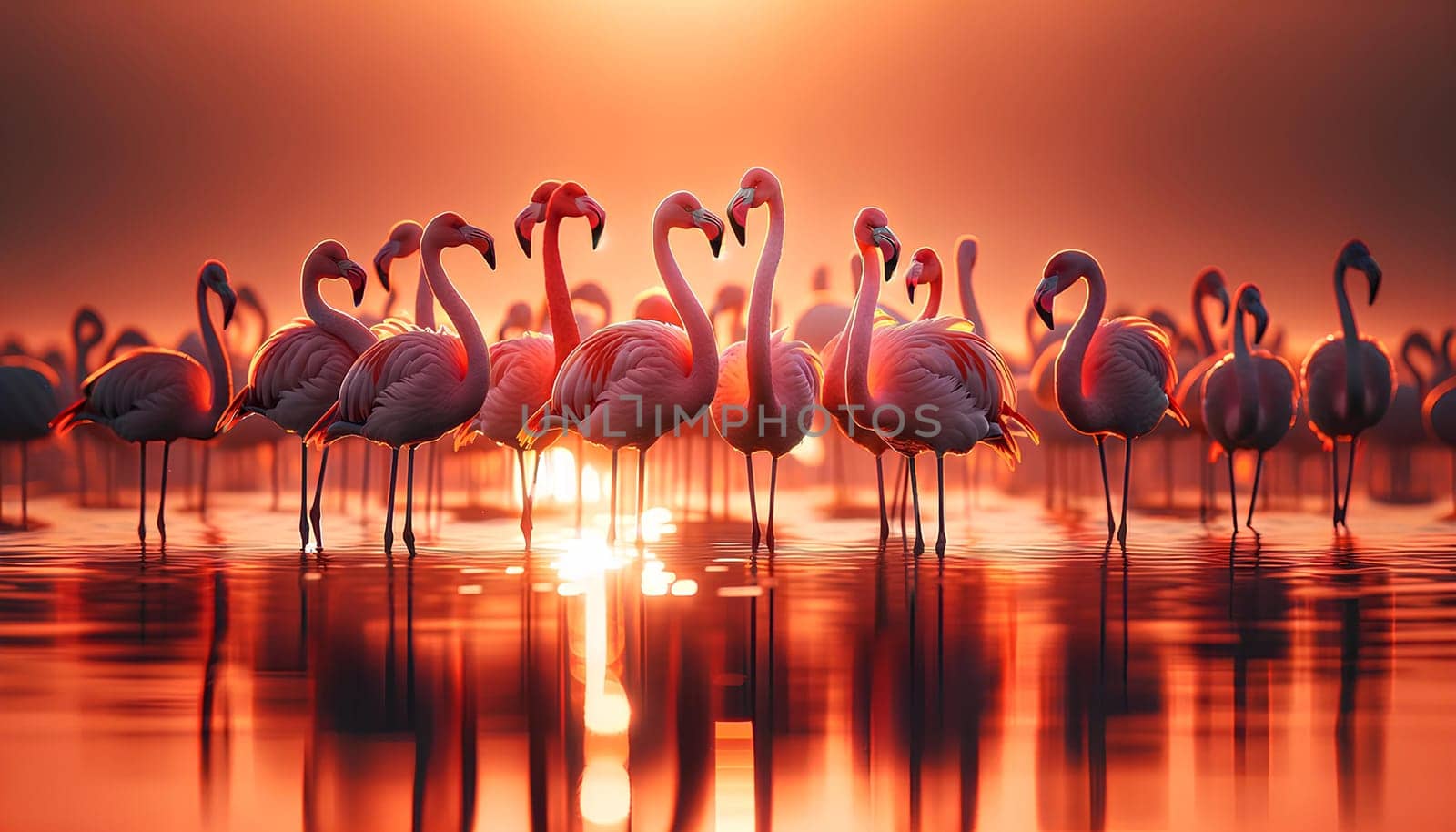 pink flamingos standing in the water at sunset, beautiful natural background.