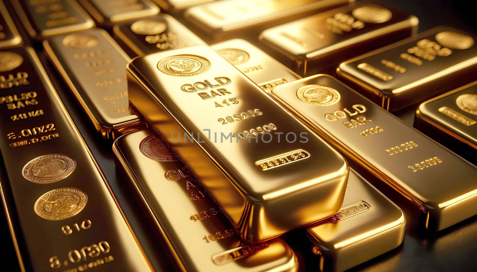neatly stacked shiny gold bars close-up.