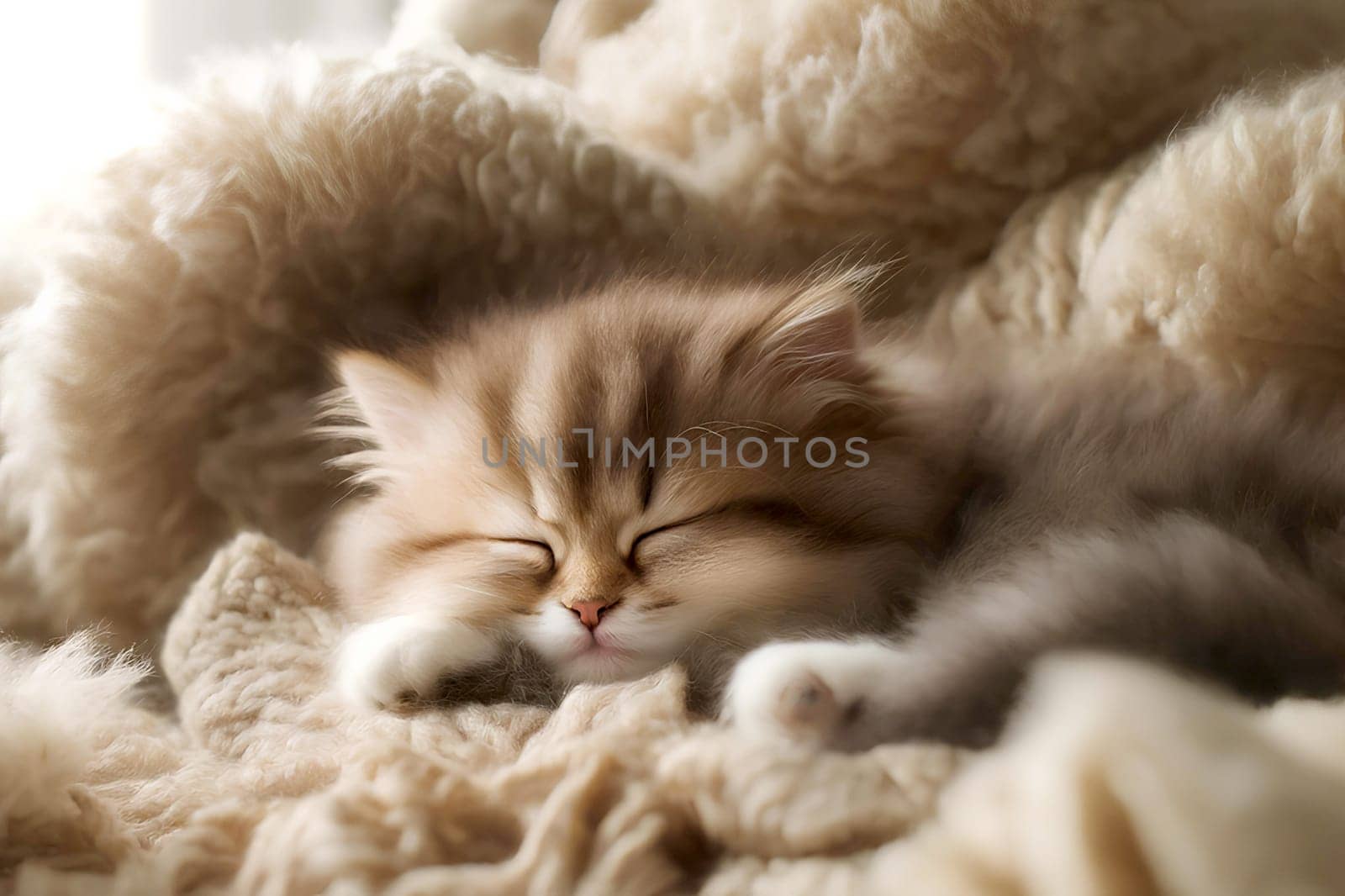 small fluffy kitten sleeps in a soft light blanket by Annado