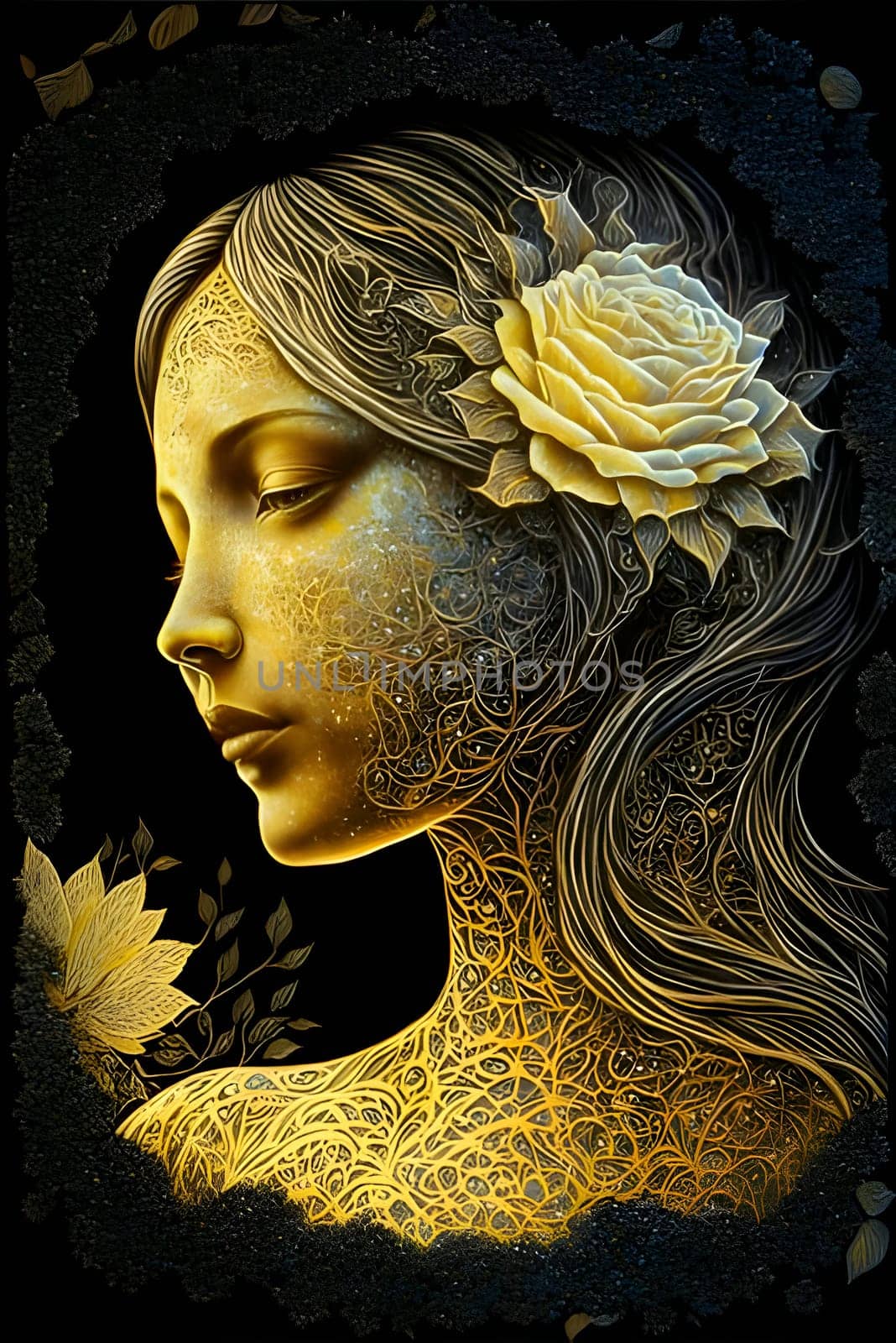 A vibrant and enchanting flower woman blooms against a captivating black backdrop, radiating beauty and vitality.