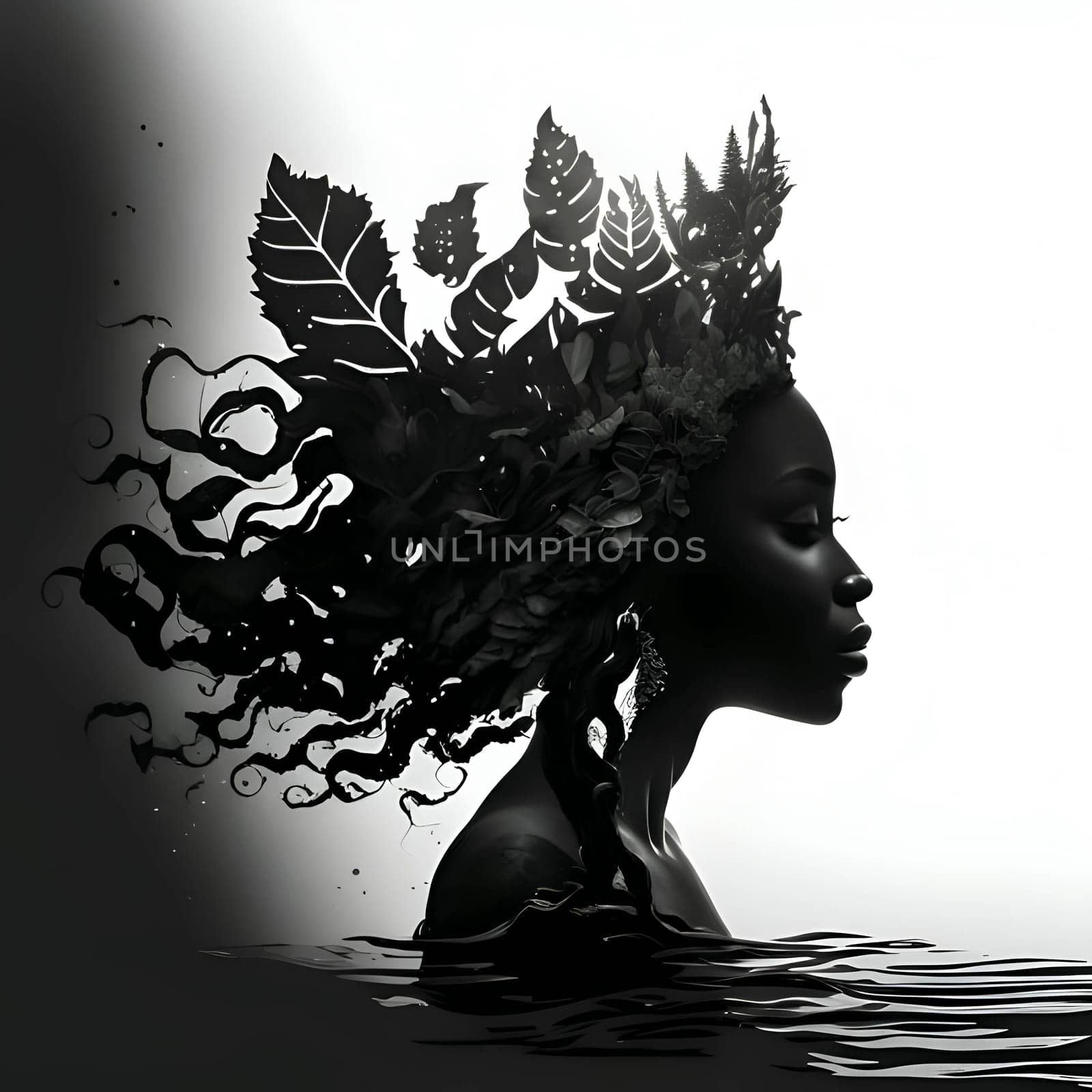 Vector illustration of a women in the water in black silhouette against a clean white background, capturing graceful forms.