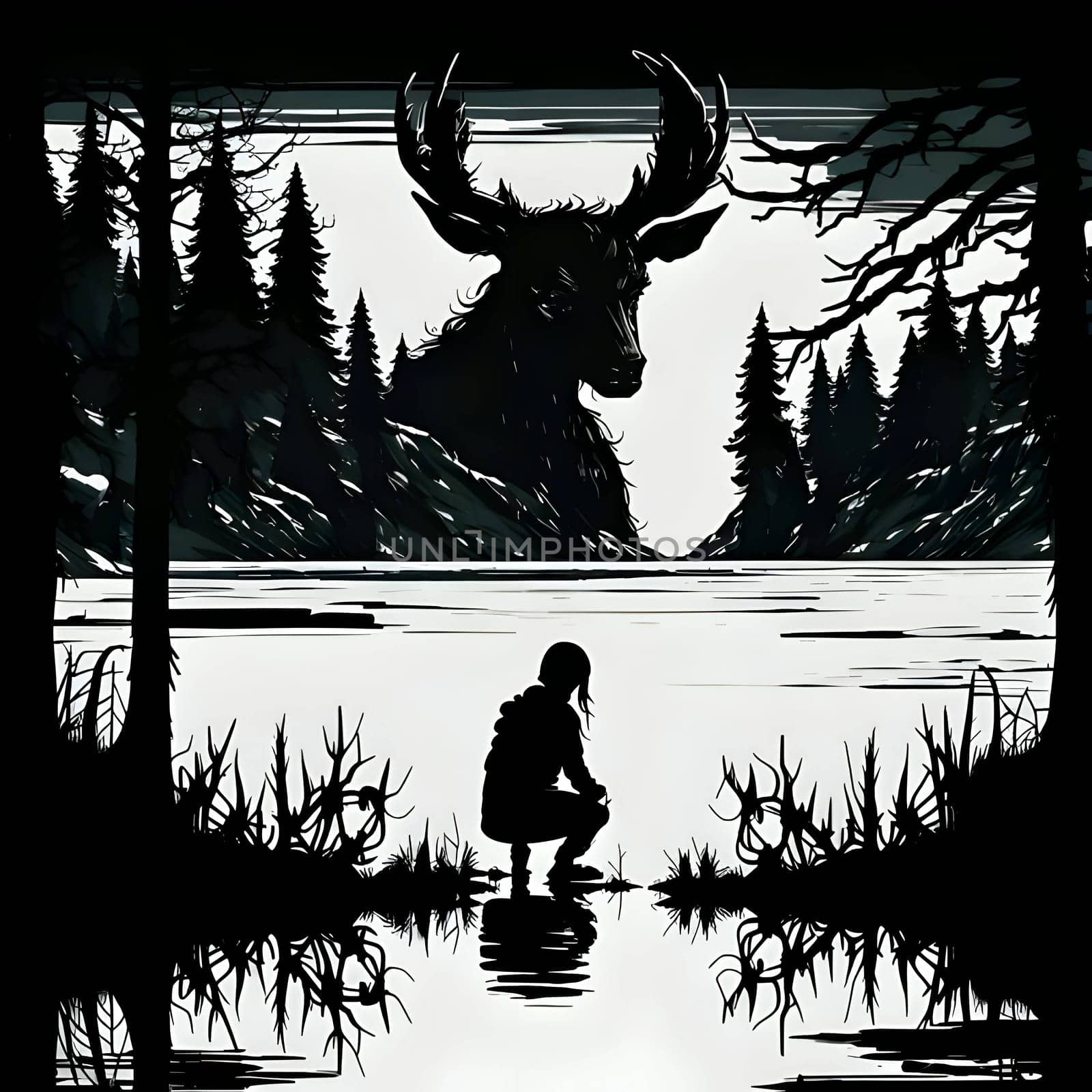 Black silhouette of a man and the big deer on white background. by ThemesS