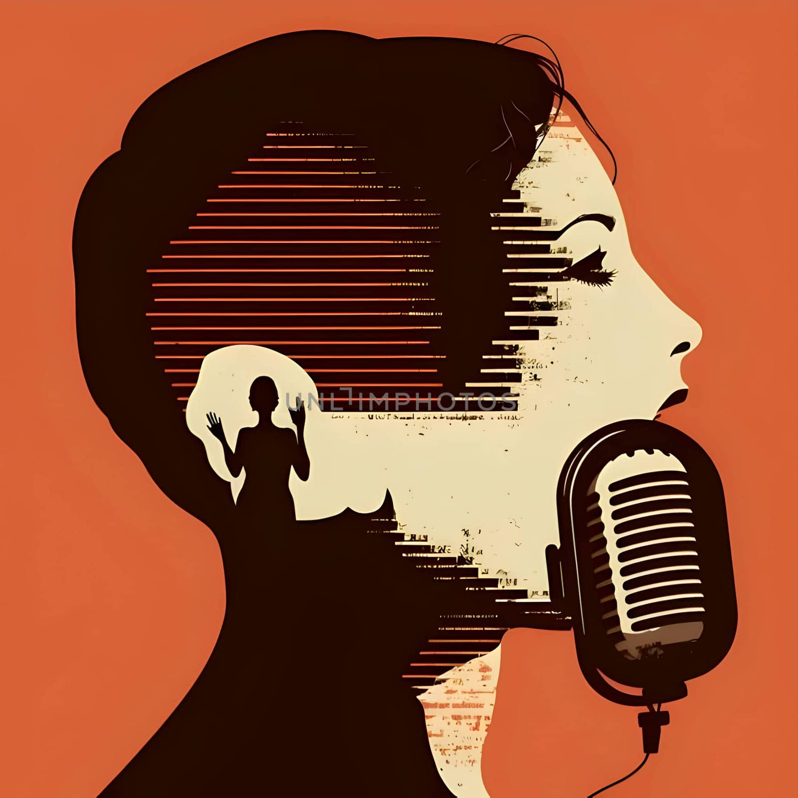 Vector illustration of a singer in black silhouette against a clean orange background, capturing graceful forms.