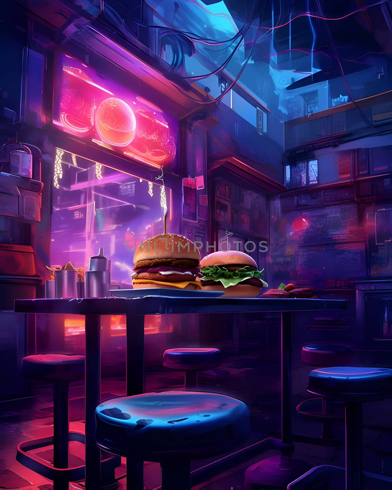 In a futuristic setting, two delectable hamburgers are showcased on a stylish restaurant table.