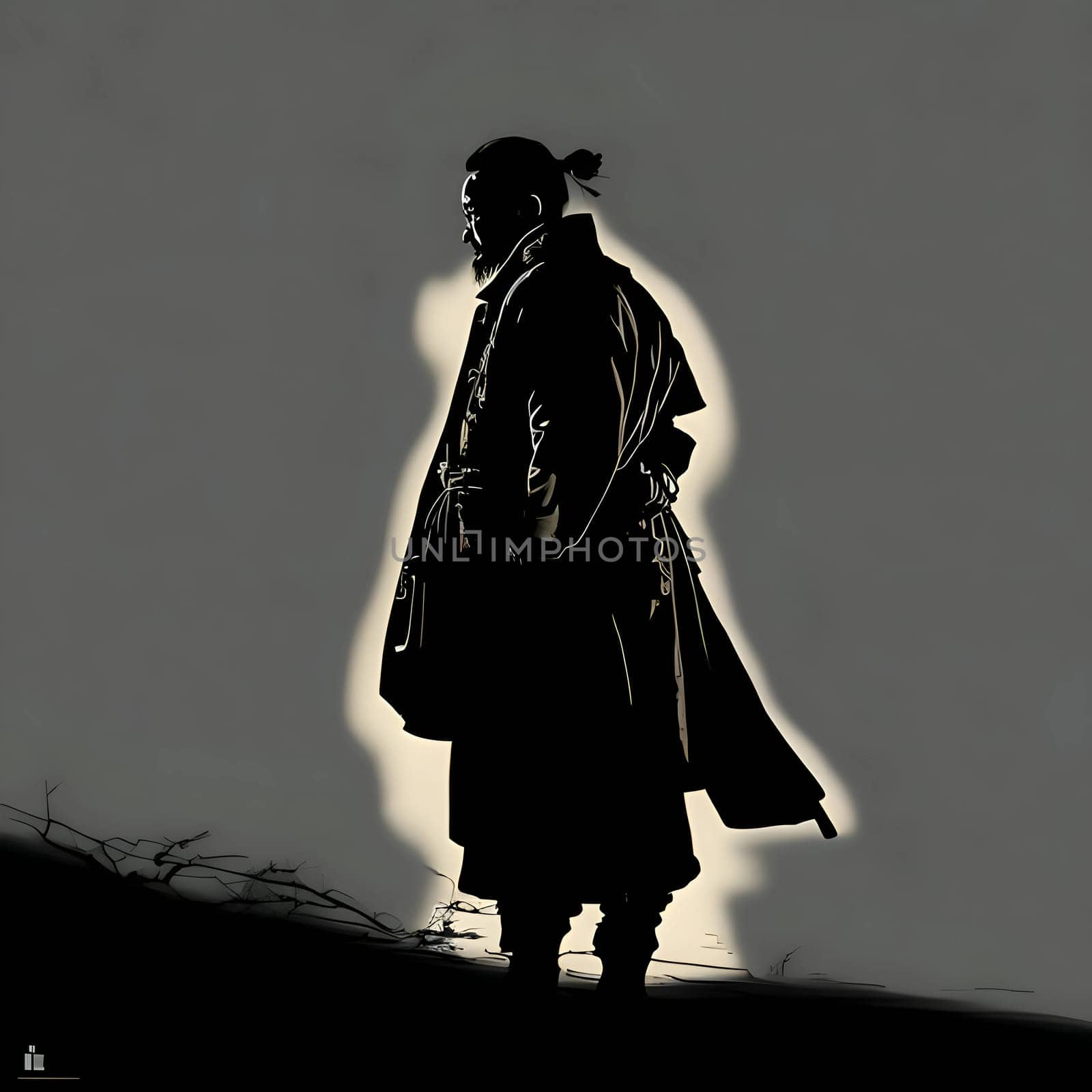 Vector illustration of a chinese man in black silhouette against a clean grey background, capturing graceful forms.