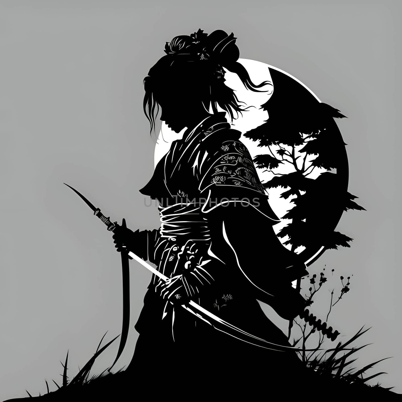 Vector illustration of a girl with a sword in black silhouette against a clean grey background, capturing graceful forms.