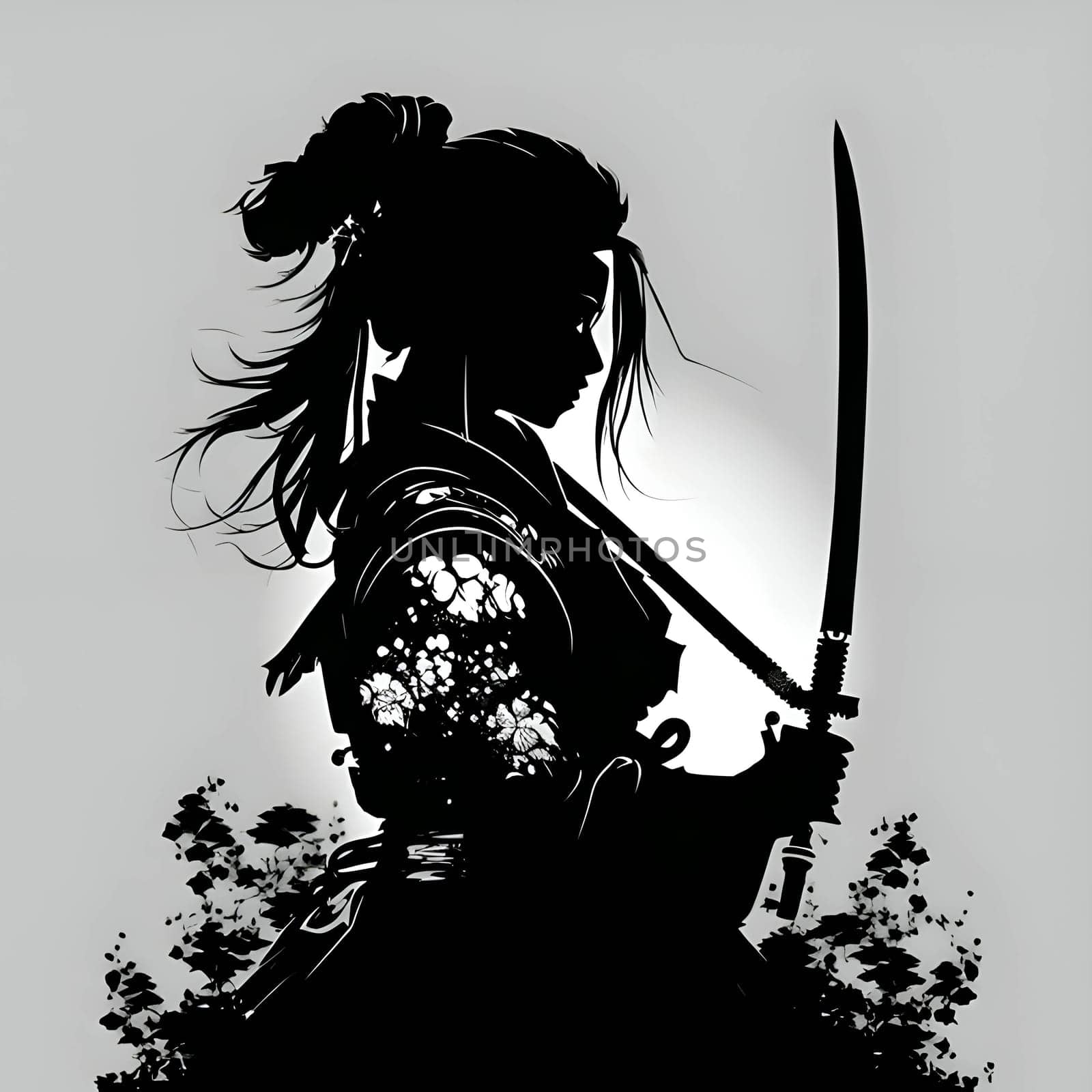 Vector illustration of a girl with a sword in black silhouette against a clean grey background, capturing graceful forms.