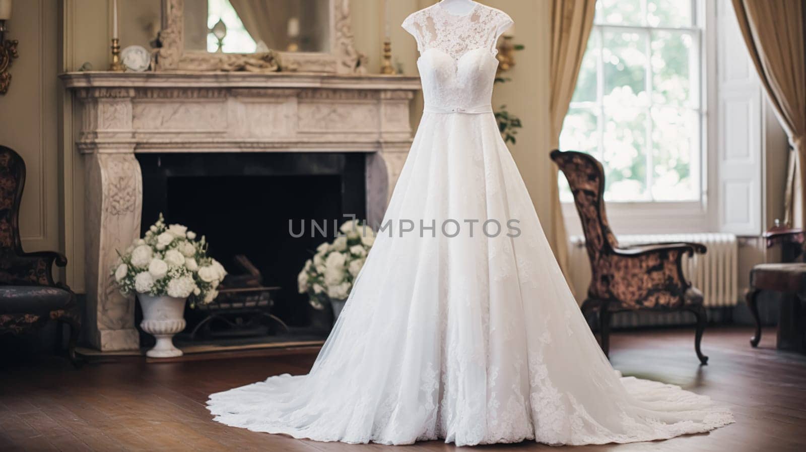 Wedding drees, bridal gown style and bespoke fashion, full-legth white tailored ball gown in showroom, tailor fitting, beauty and wedding by Anneleven