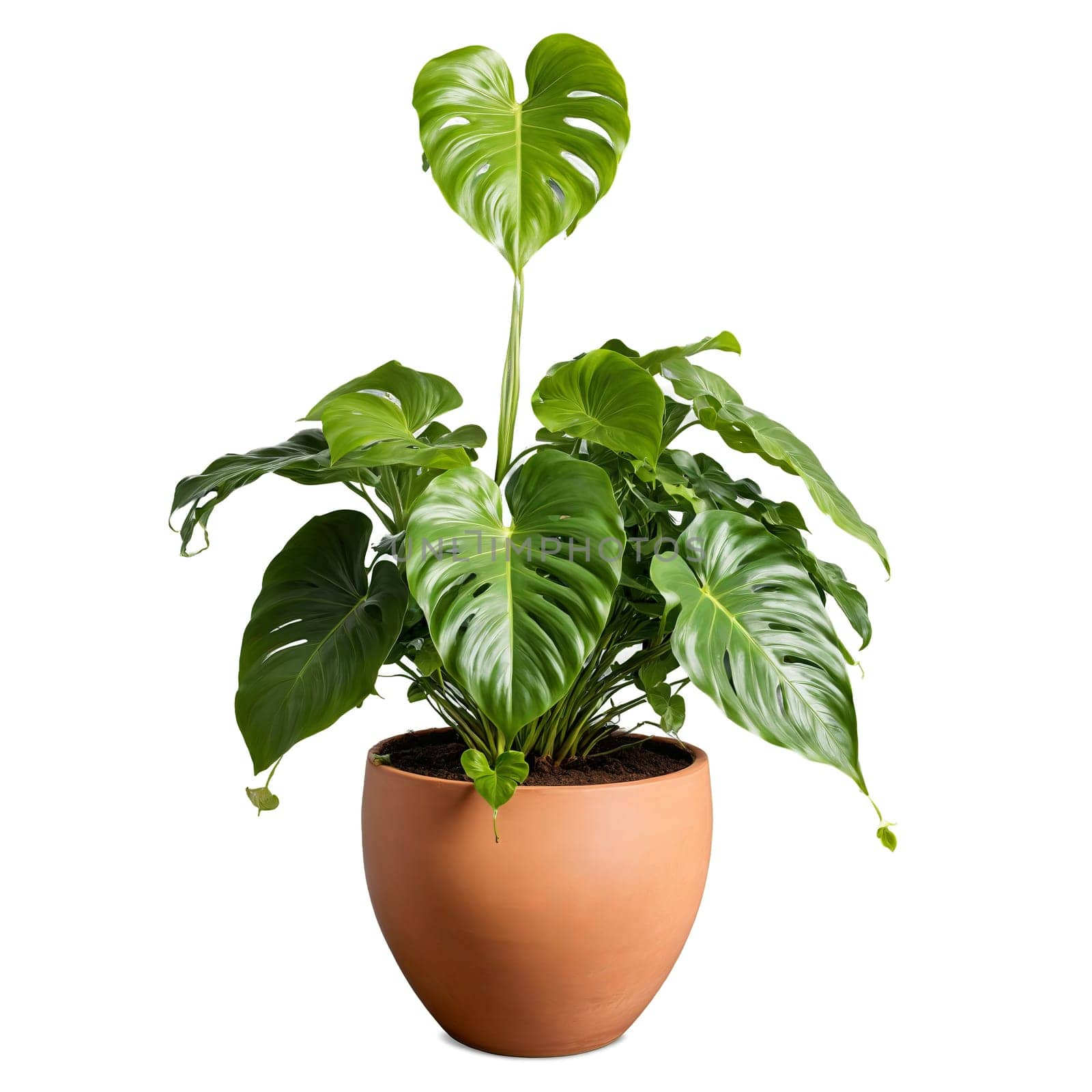Philodendron Heartleaf lush heart shaped green leaves pouring from a floating terracotta pot surrounded by by panophotograph