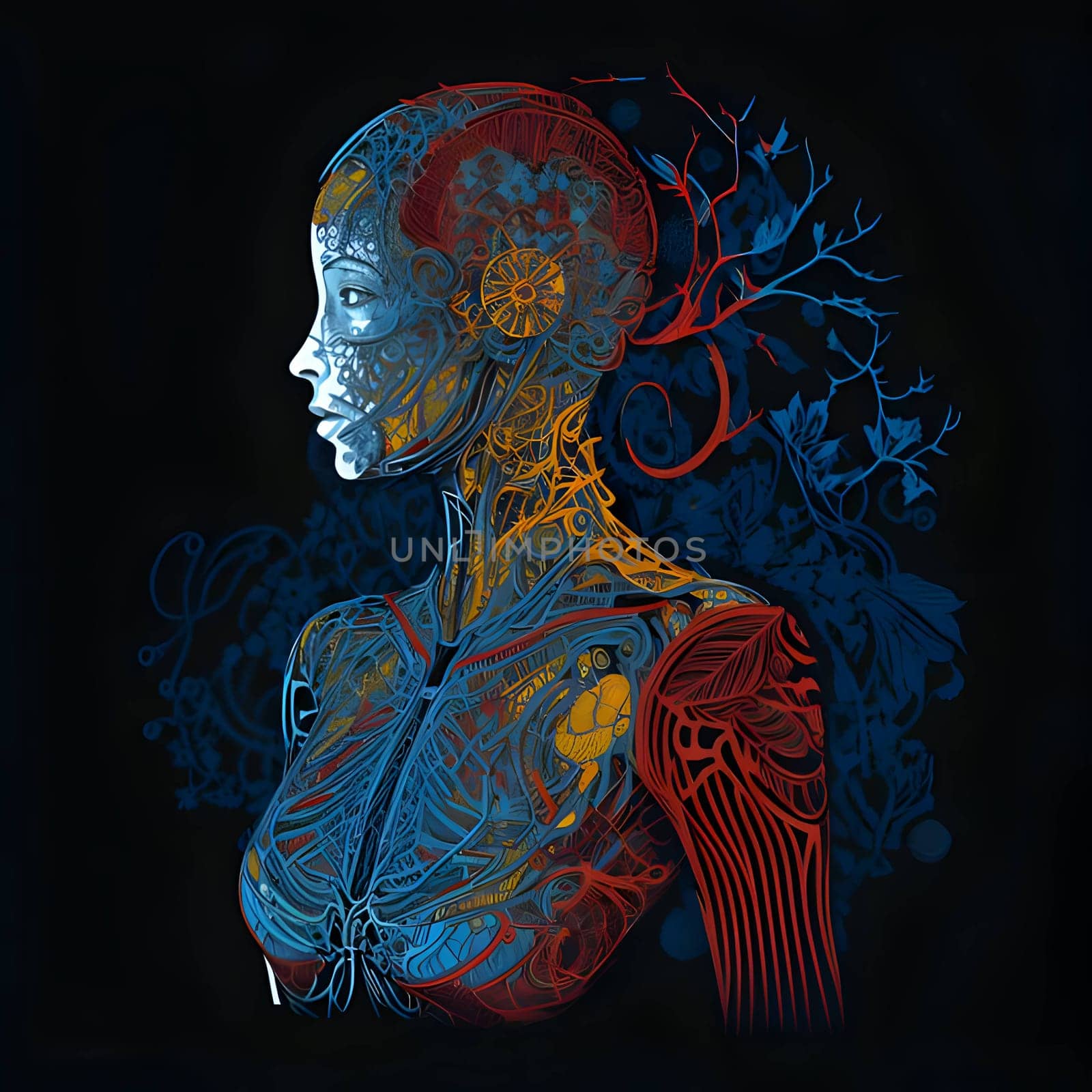 Colorful composition of a machine woman on a black background by ThemesS