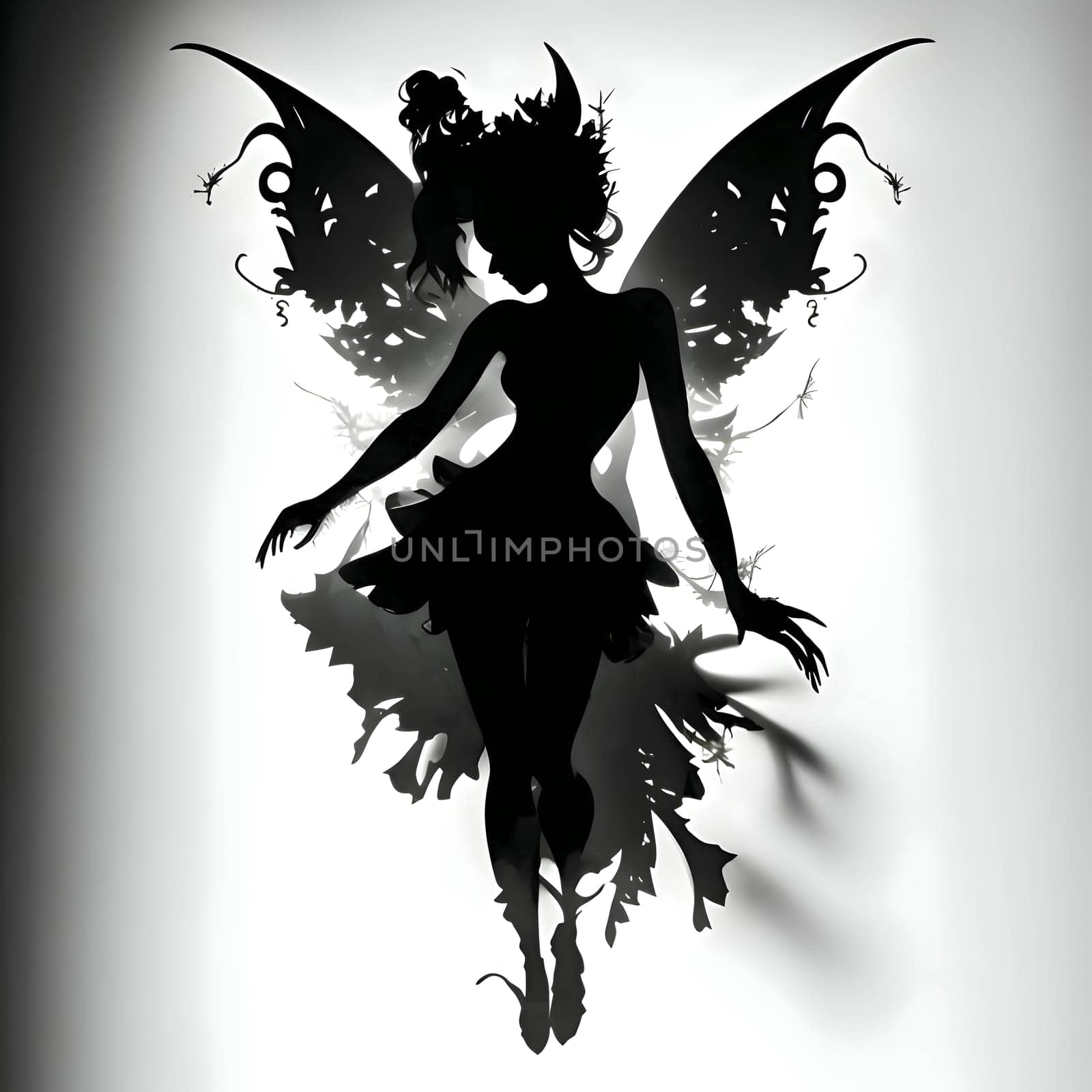 Vector illustration of a fairy in black silhouette against a clean white background, capturing graceful forms.