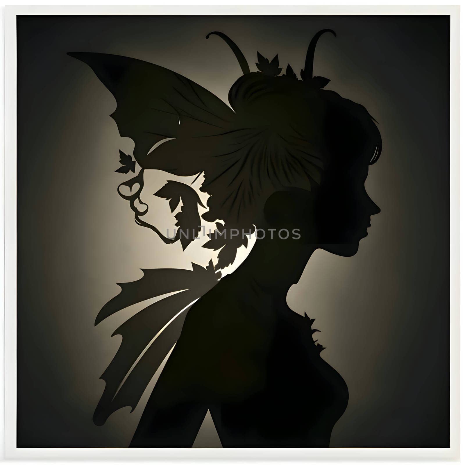 Black silhouette of a fairy on dark background. by ThemesS