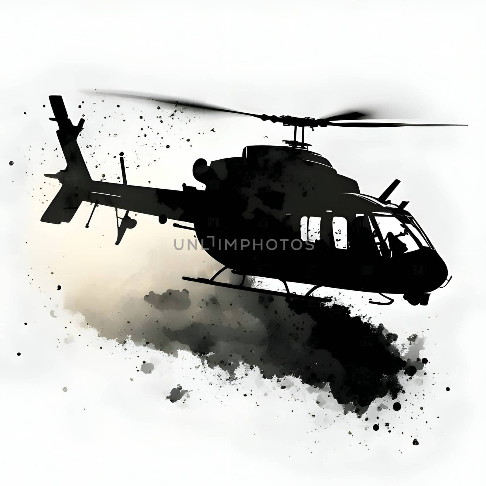 Vector illustration of a helicopter in black silhouette against a clean white background, capturing graceful forms.