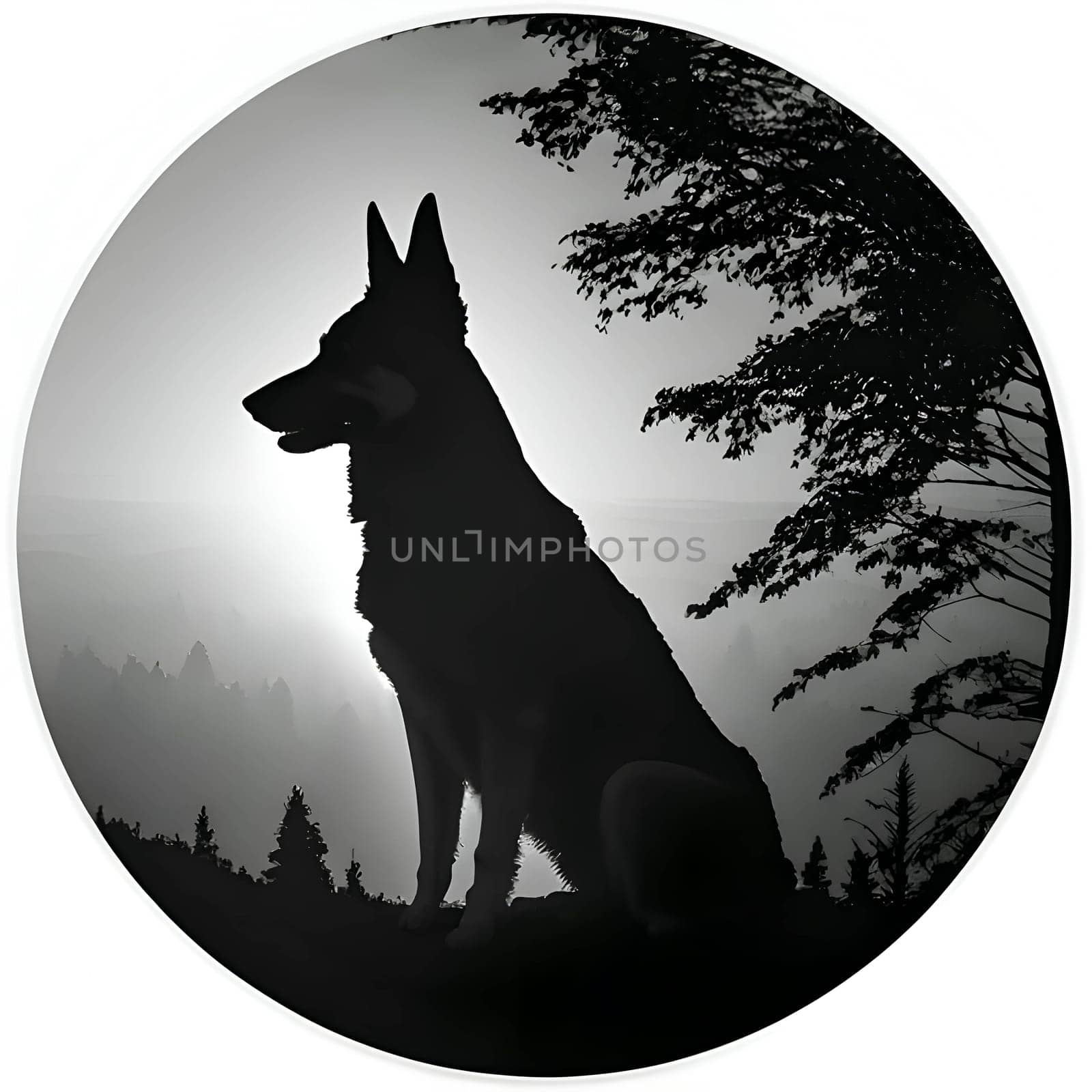 Vector illustration of a dog in circle in black silhouette against a clean white background, capturing graceful forms.