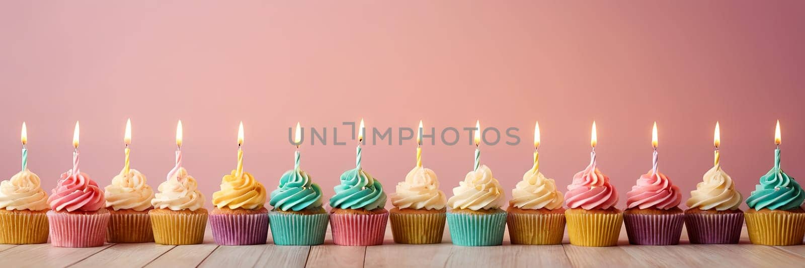 Colorful cupcakes with lit candles are displayed against a pink background, indicating an indoor celebration event marking of joy and celebrating. with free space by Matiunina