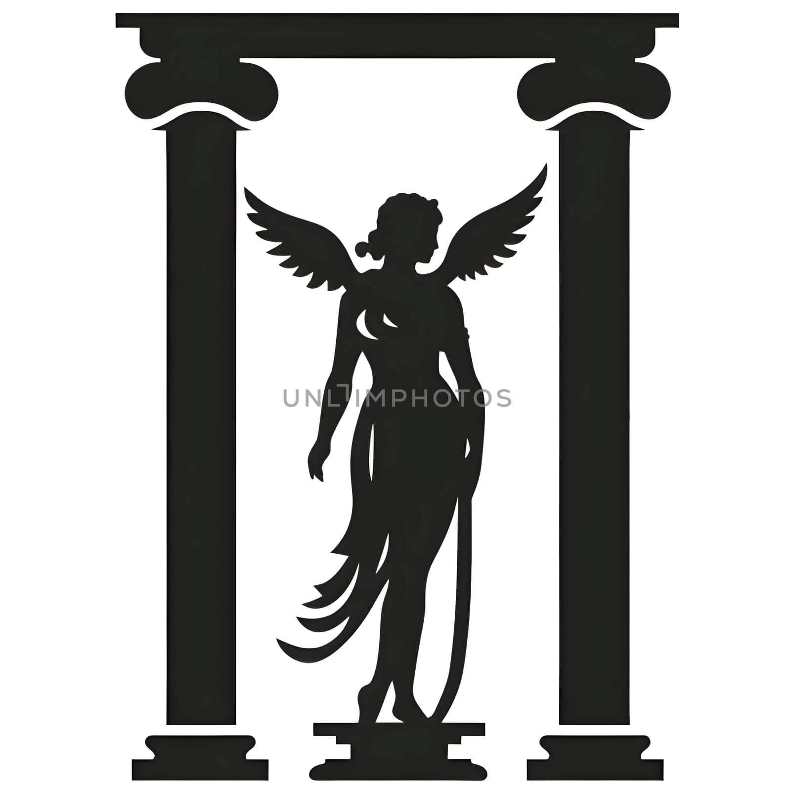 Vector illustration of a women between the pillars in black silhouette against a clean white background, capturing graceful forms.