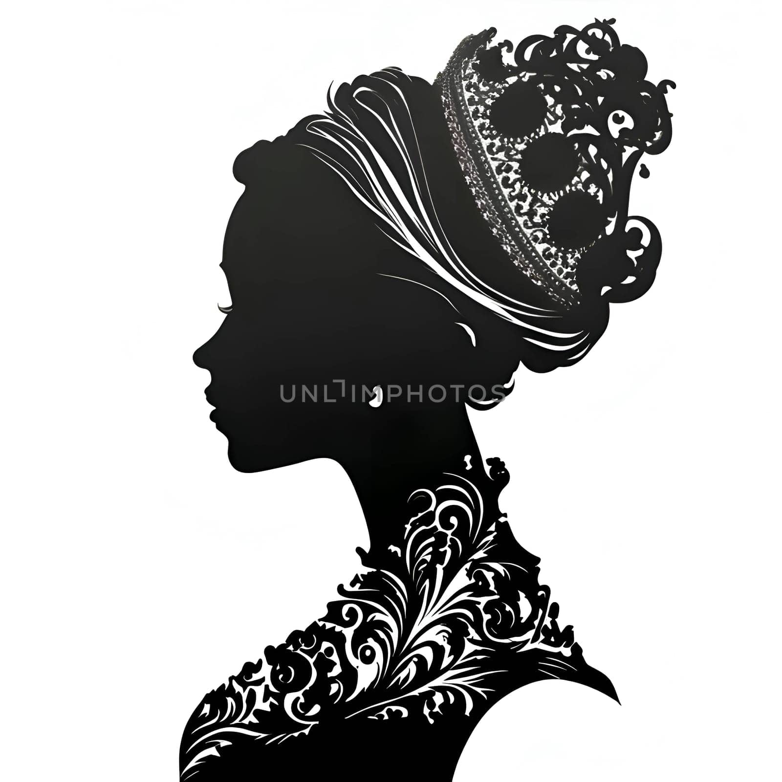 Vector illustration of a women in the crown in black silhouette against a clean white background, capturing graceful forms.