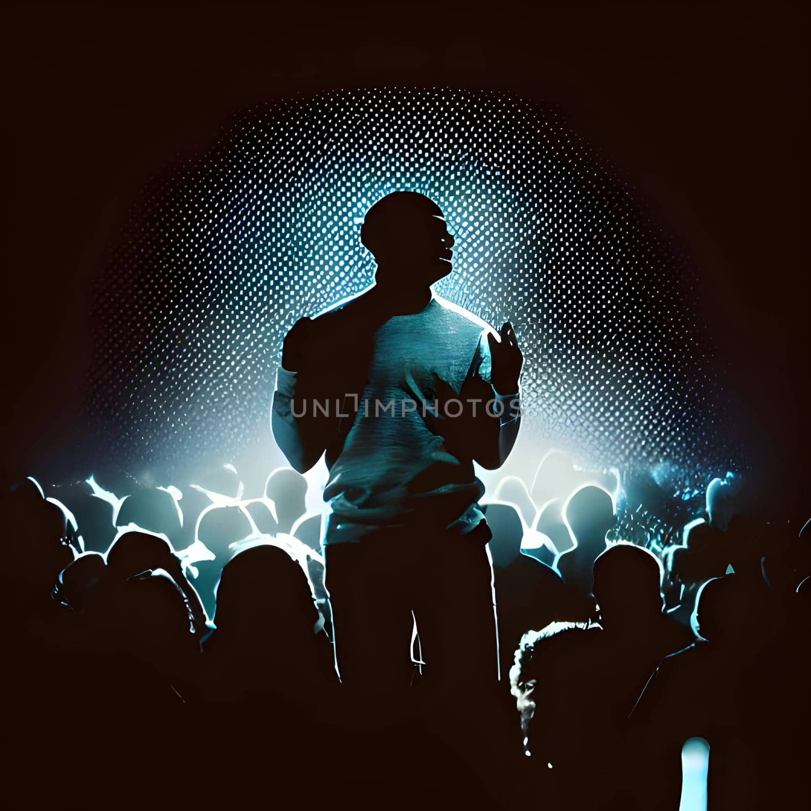 Vector illustration of a singer on stage in black silhouette against a clean black background, capturing graceful forms.