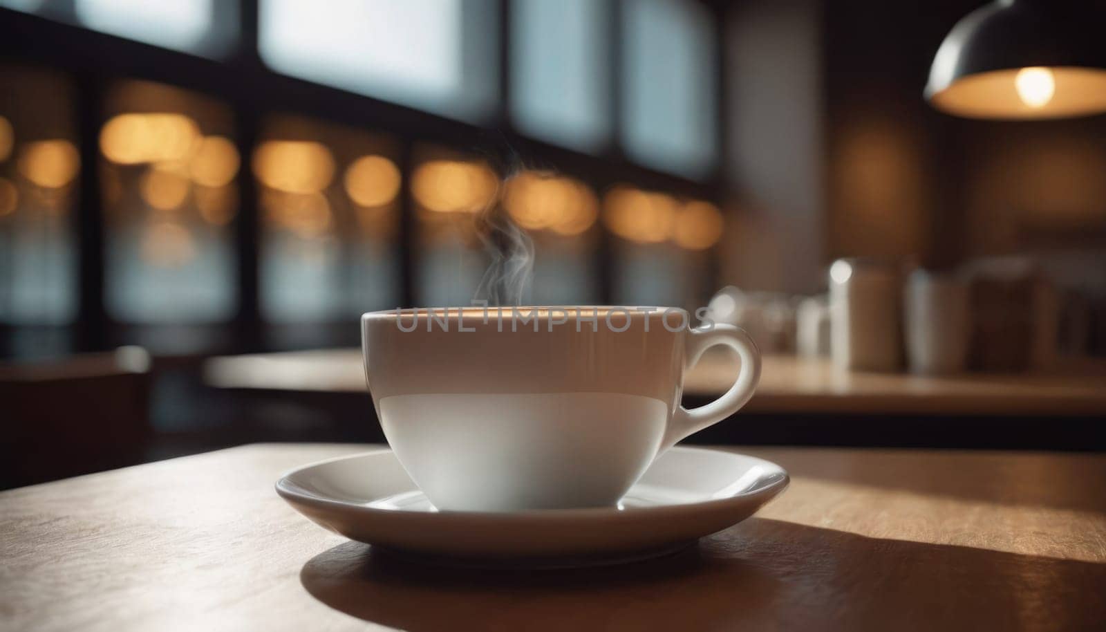 Cafe hot cup of coffee on a saucer on a dark background, casting a thin shadow. Bokeh in the background