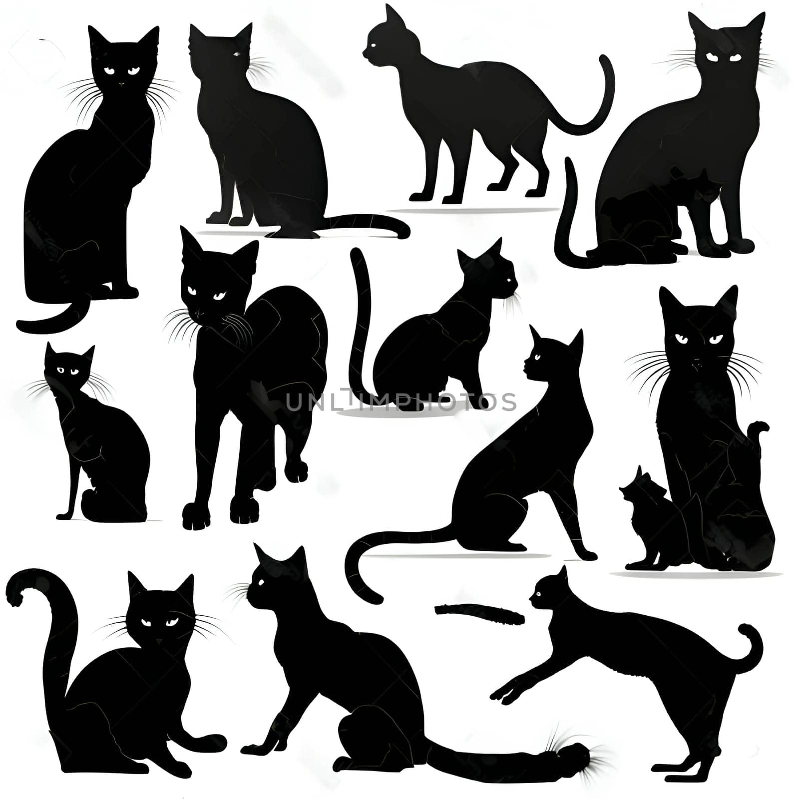 Vector illustration of a cats set in black silhouette against a clean white background, capturing graceful forms.