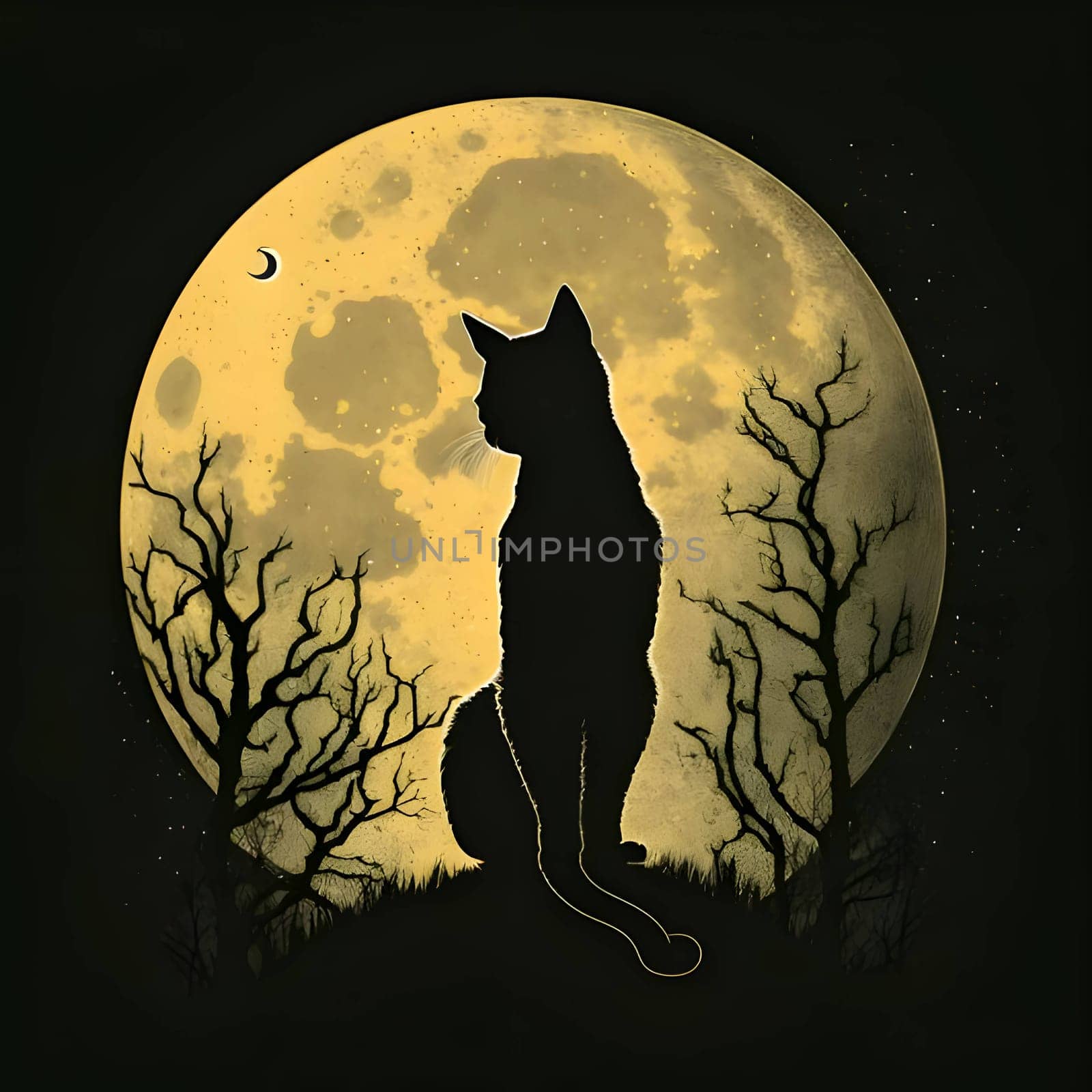 Vector illustration of a cat in black silhouette against the moon background, capturing graceful forms.