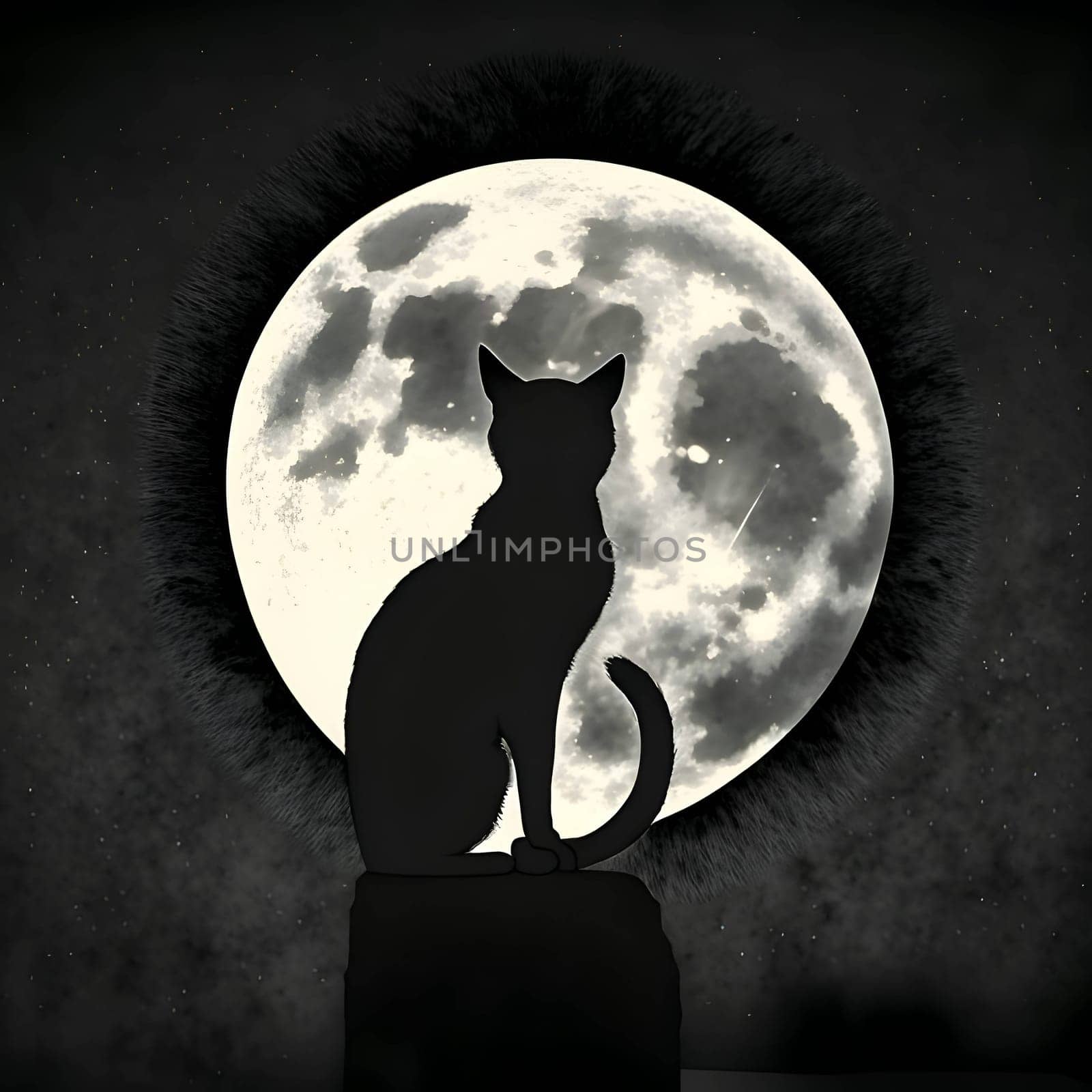 Vector illustration of a cat in black silhouette against the moon background, capturing graceful forms.