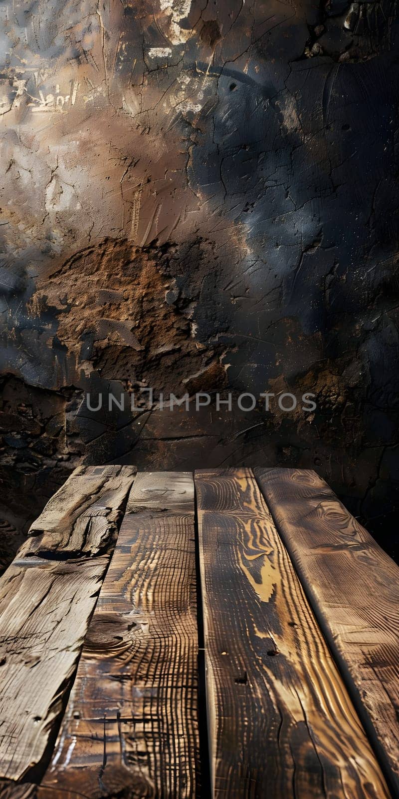 A hardwood table stands against a brick wall, adding warmth to the industrial landscape. The contrast of wood and soil flooring creates a rustic feel