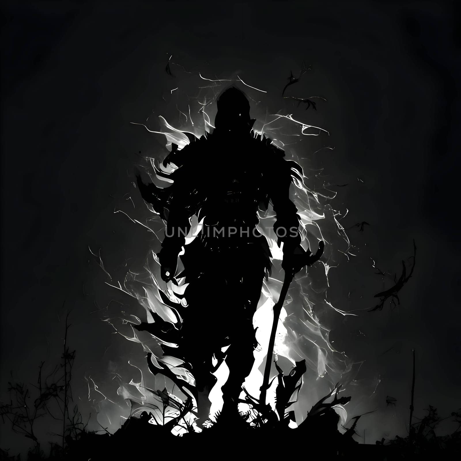 Vector illustration of a warrior in black silhouette against a clean dark background, capturing graceful forms.