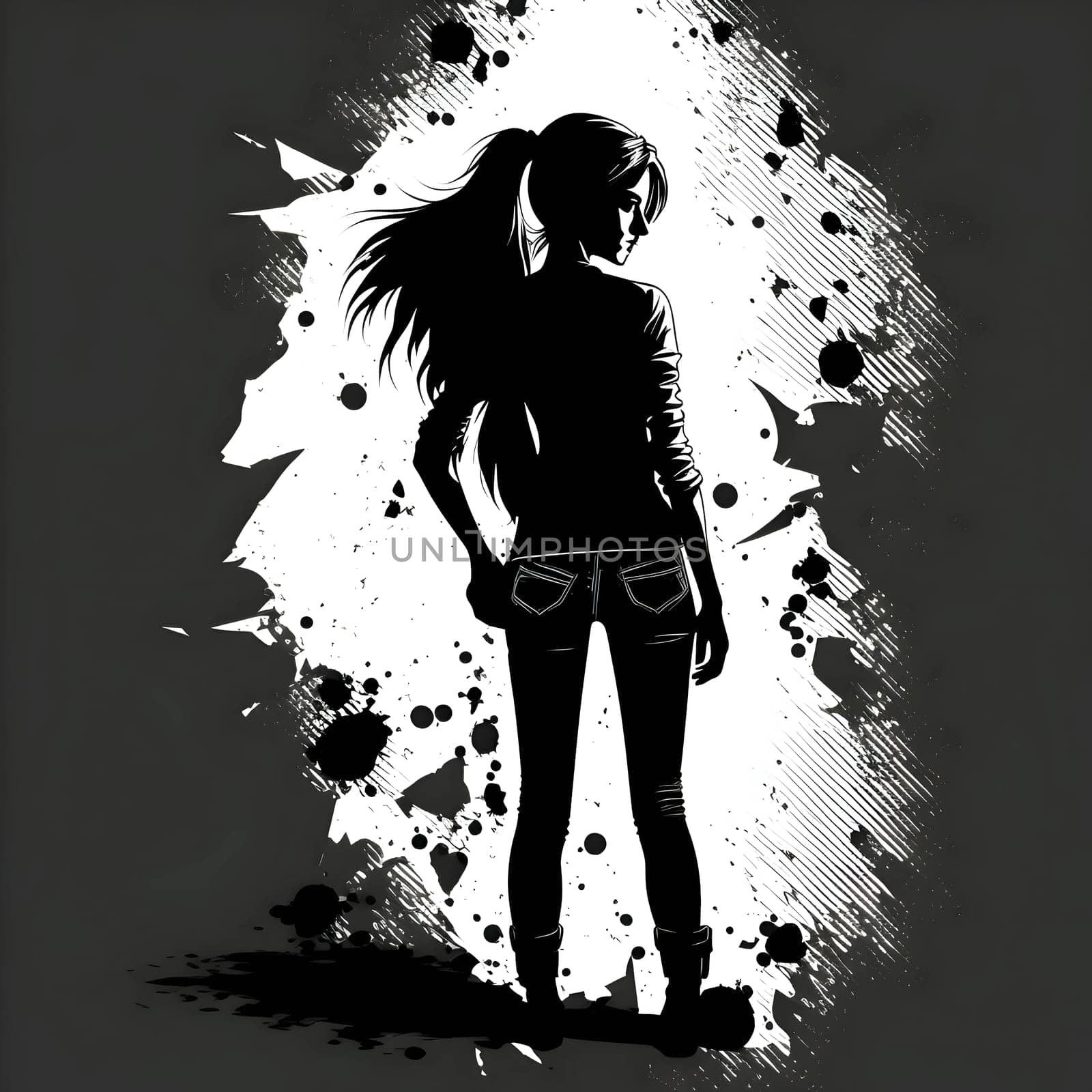 Vector illustration of a girl in black silhouette against a clean white background, capturing graceful forms.