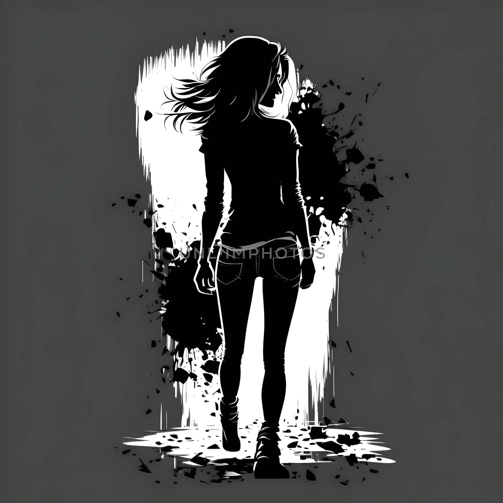 Vector illustration of a girl in black silhouette against a clean white background, capturing graceful forms.