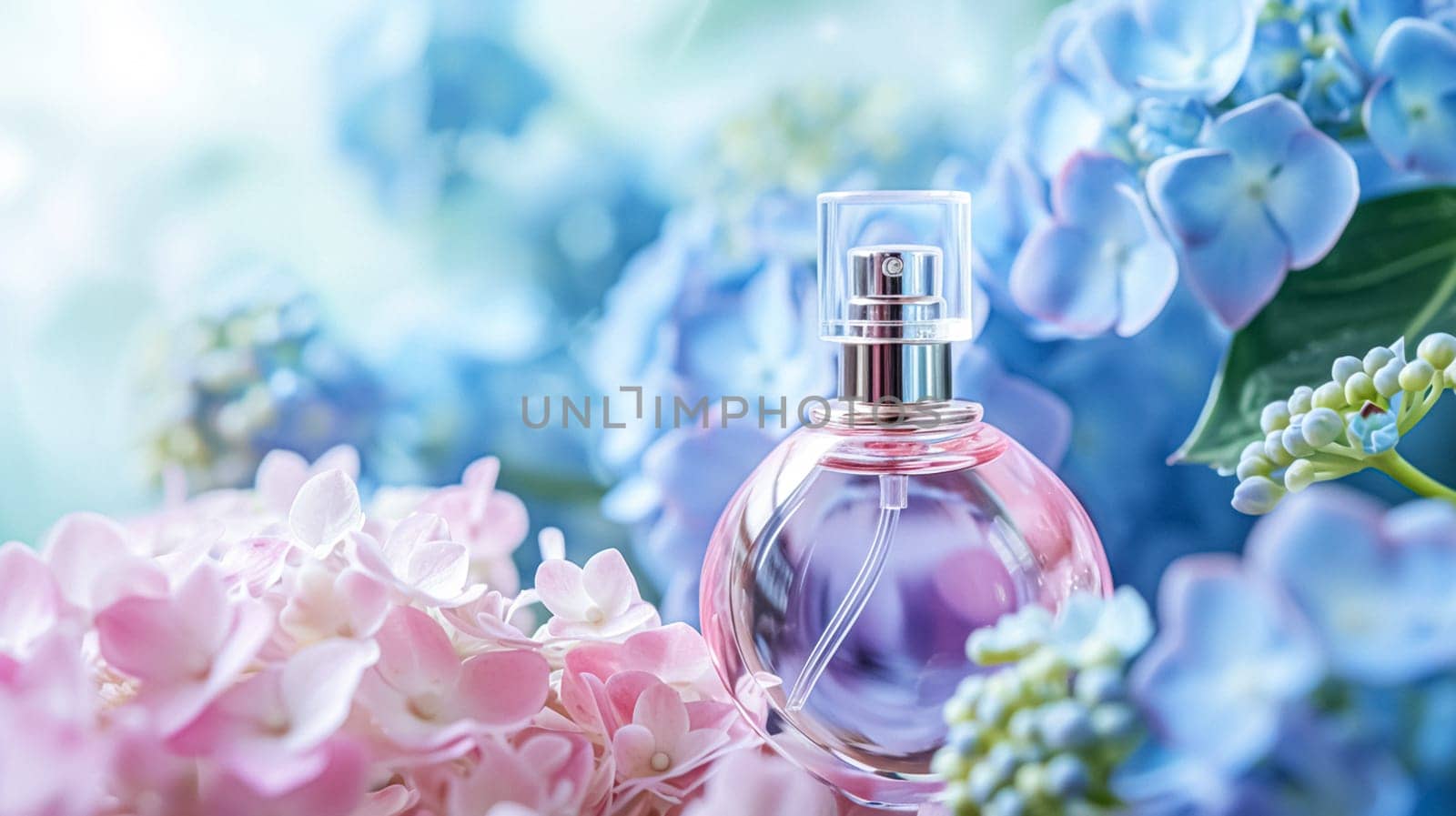 Perfume bottle in flowers, fragrance on blooming background, floral scent and cosmetic product by Anneleven