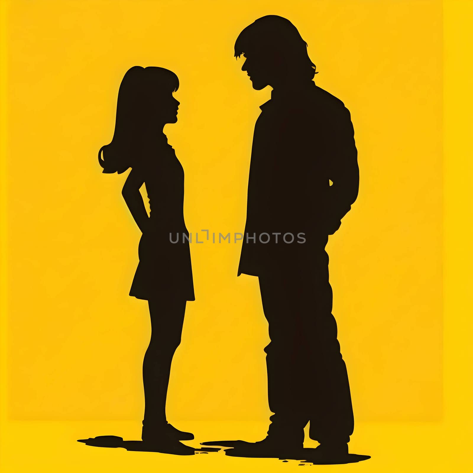 Vector illustration of couple in black silhouette against a clean yellow background, capturing graceful forms.
