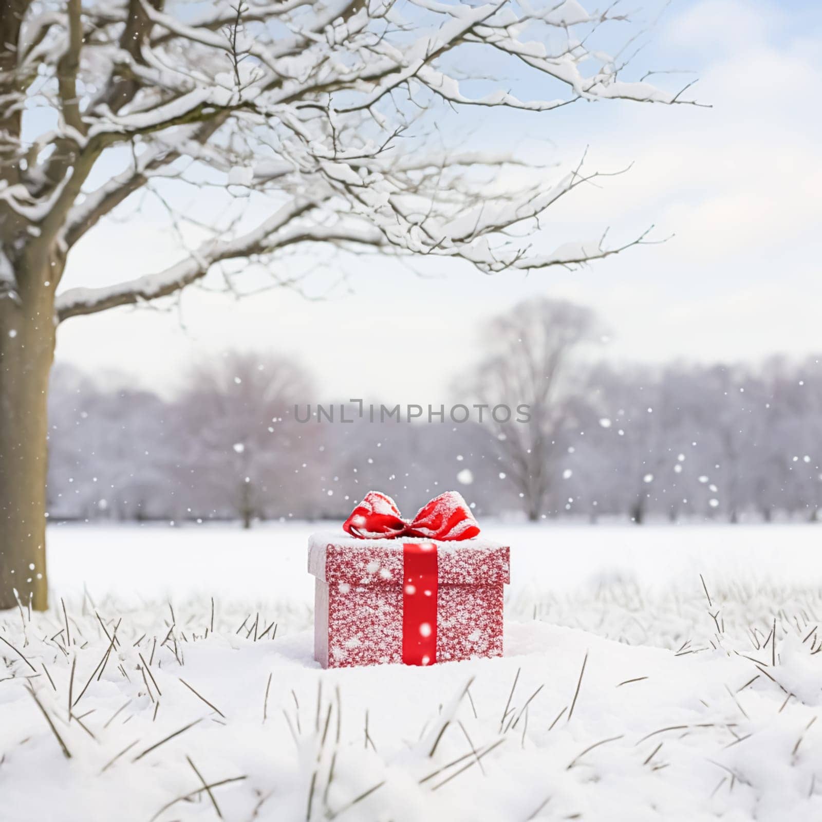 Christmas holiday gift and present, gift box in the snow in snowfall winter countryside nature for boxing day, holidays shopping sale by Anneleven