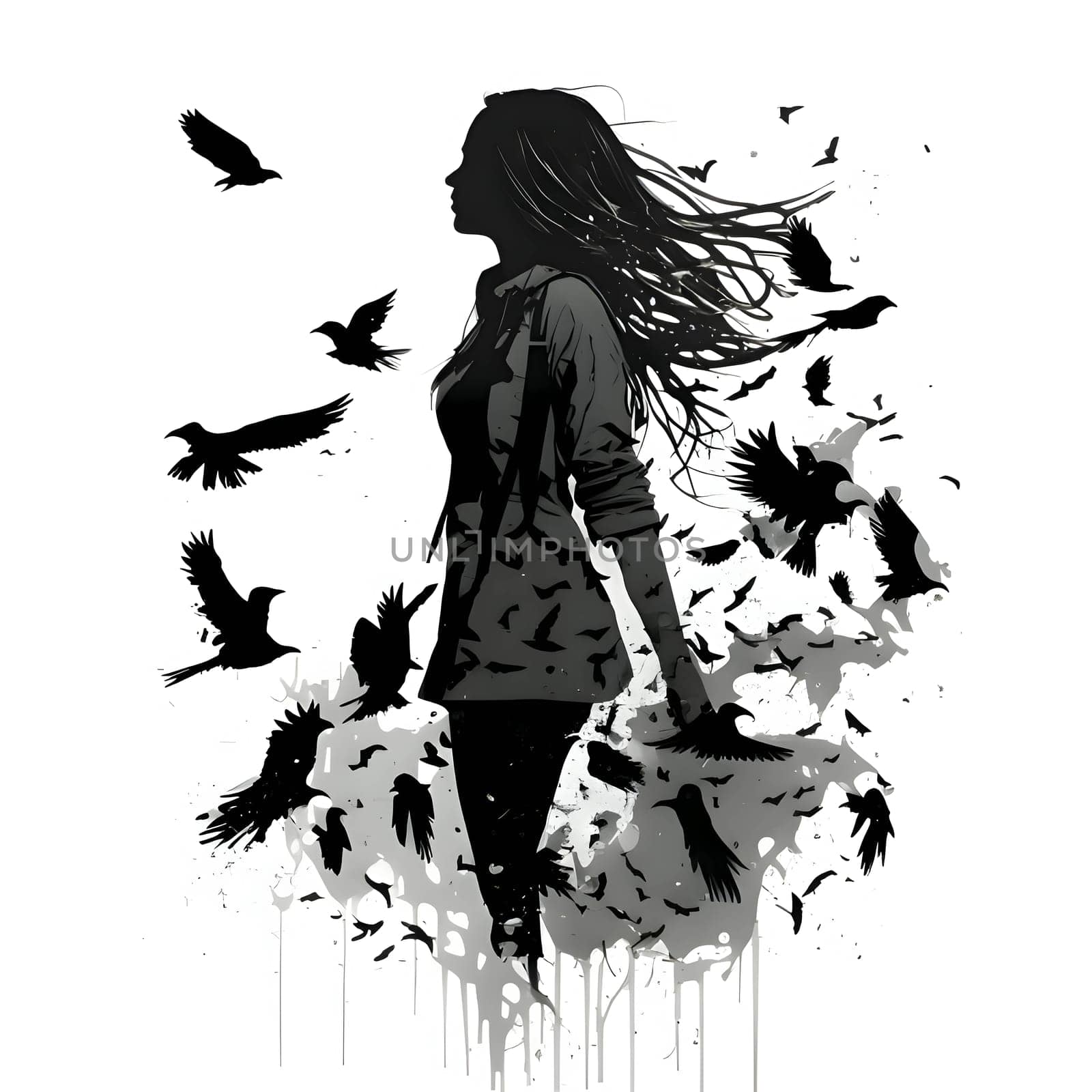Vector illustration of a girls with birds in black silhouette against a clean white background, capturing graceful forms.