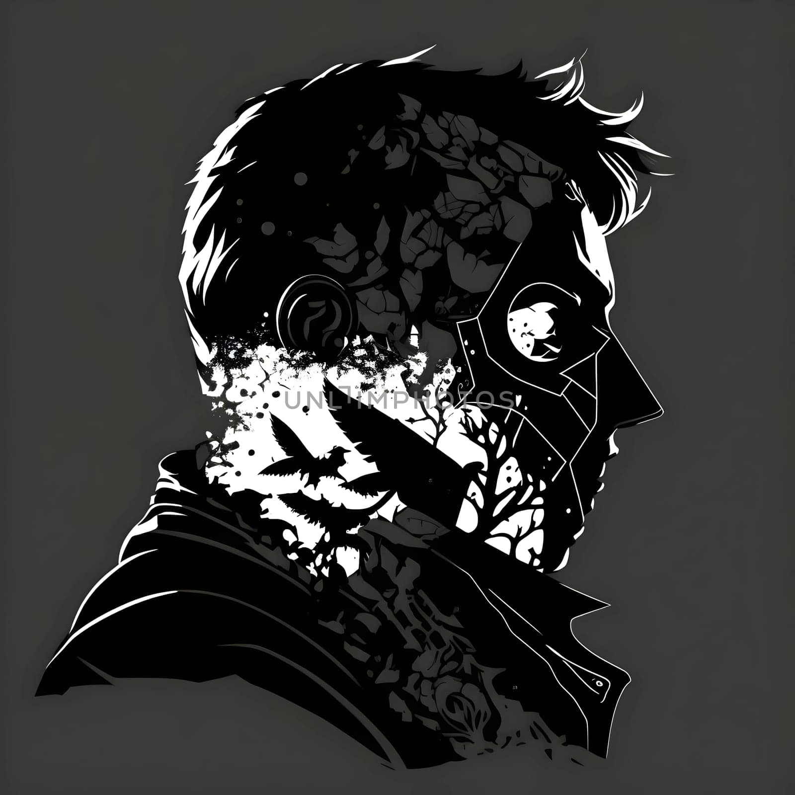 Vector illustration of a man in a mask in black silhouette against a clean dark background, capturing graceful forms.