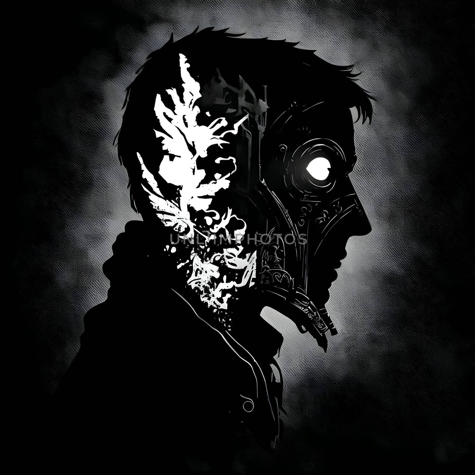 Vector illustration of a man in a mask in black silhouette against a clean dark background, capturing graceful forms.